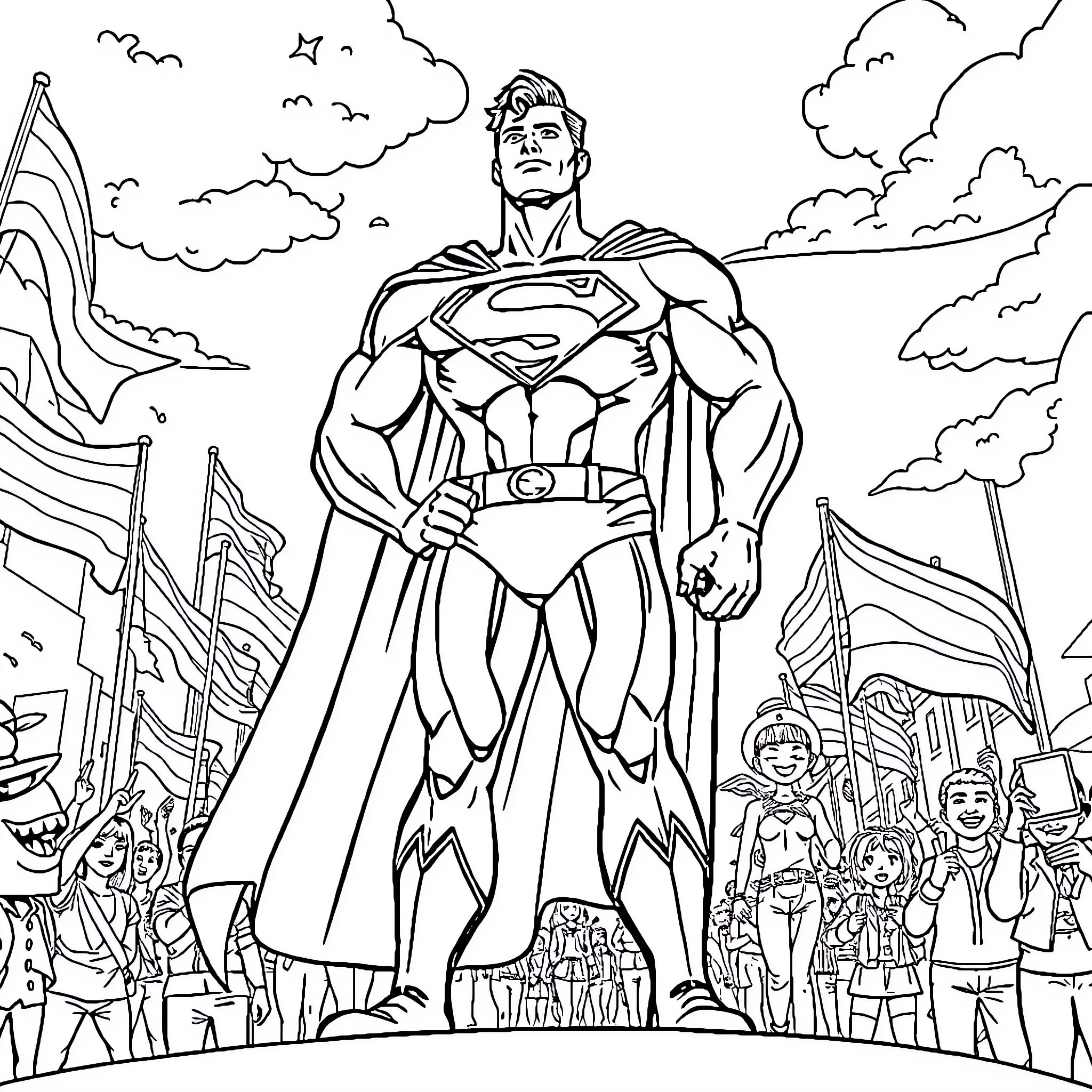 Superman standing heroically amid a crowd Coloring Page (free black-and-white line drawing printable PDF for all, from beginners to advanced learners, including children, teens, adults, and seniors)