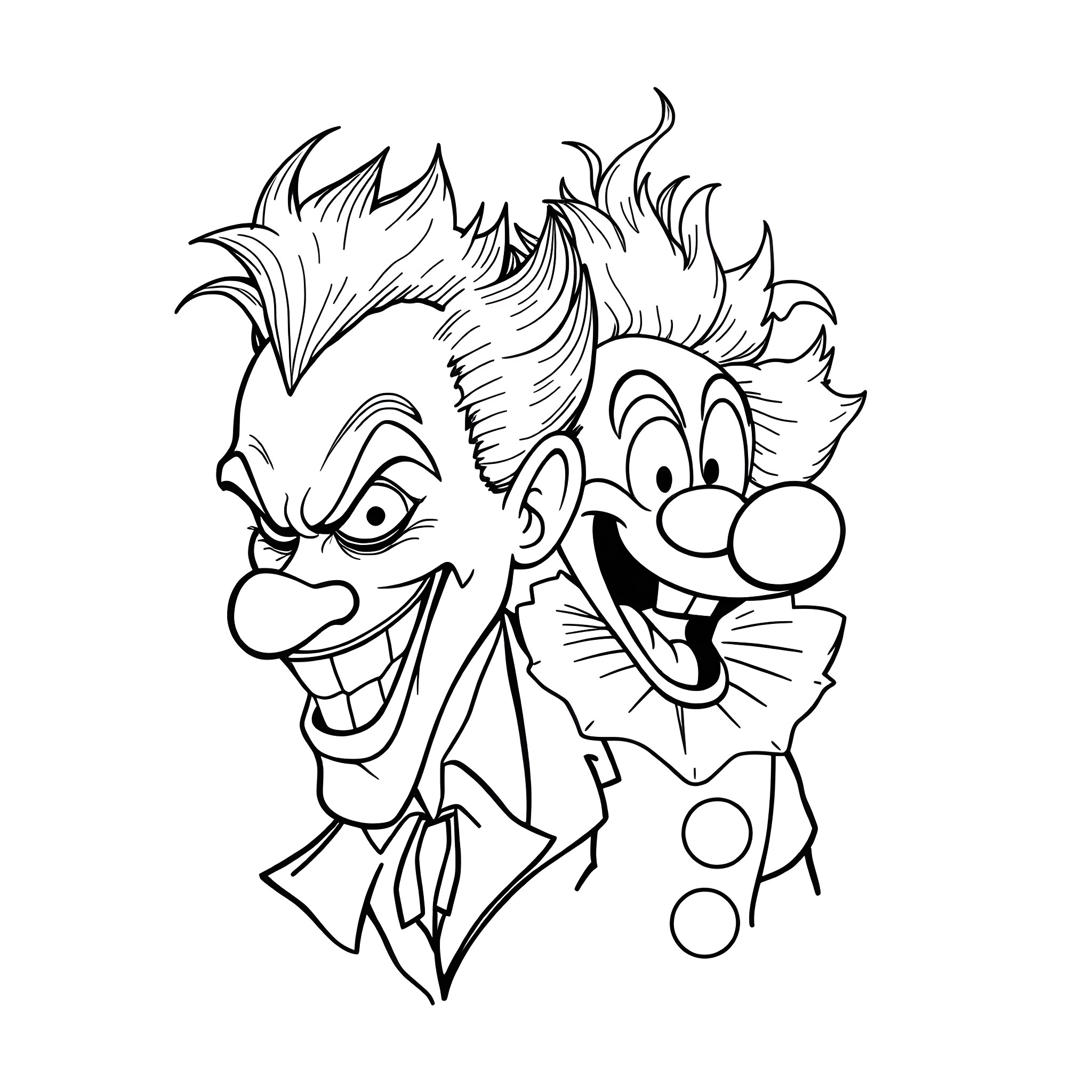 Clown making a silly face Coloring Page (free black-and-white line drawing printable PDF for all, from beginners to advanced learners, including children, teens, adults, and seniors)