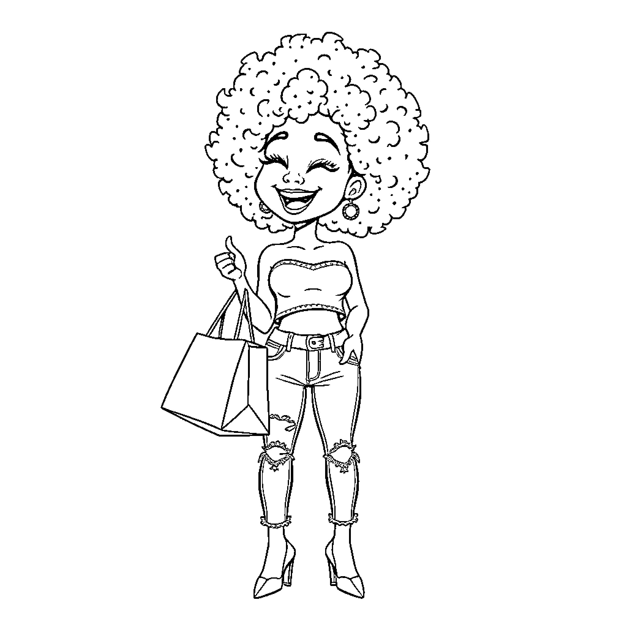 Woman smiling and holding shopping bags Coloring Page (free black-and-white line drawing printable PDF for all, from beginners to advanced learners, including children, teens, adults, and seniors)