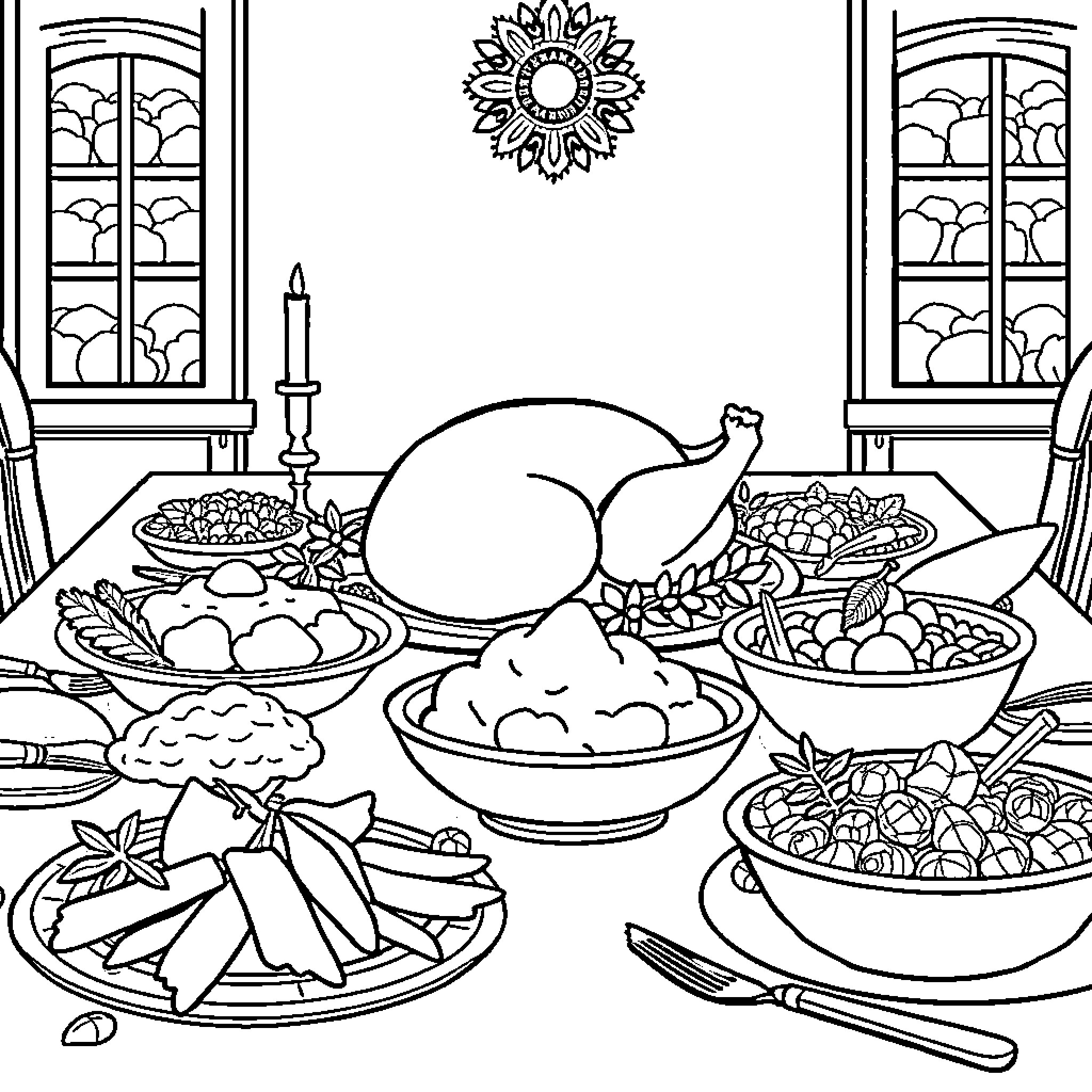 Thanksgiving Feast with Delectable Dishes Coloring Page (free black-and-white line drawing printable PDF for all, from beginners to advanced learners, including children, teens, adults, and seniors)