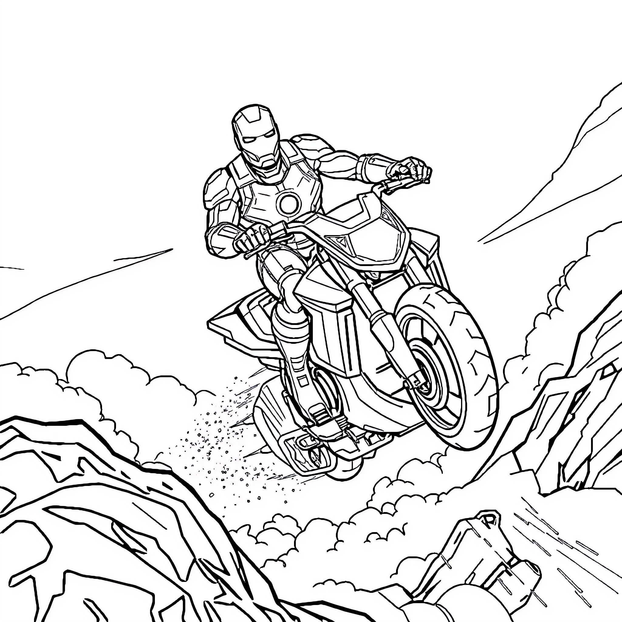 Ironman riding a high-tech motorcycle through a rugged landscape Coloring Page (free black-and-white line drawing printable PDF for all, from beginners to advanced learners, including children, teens, adults, and seniors)