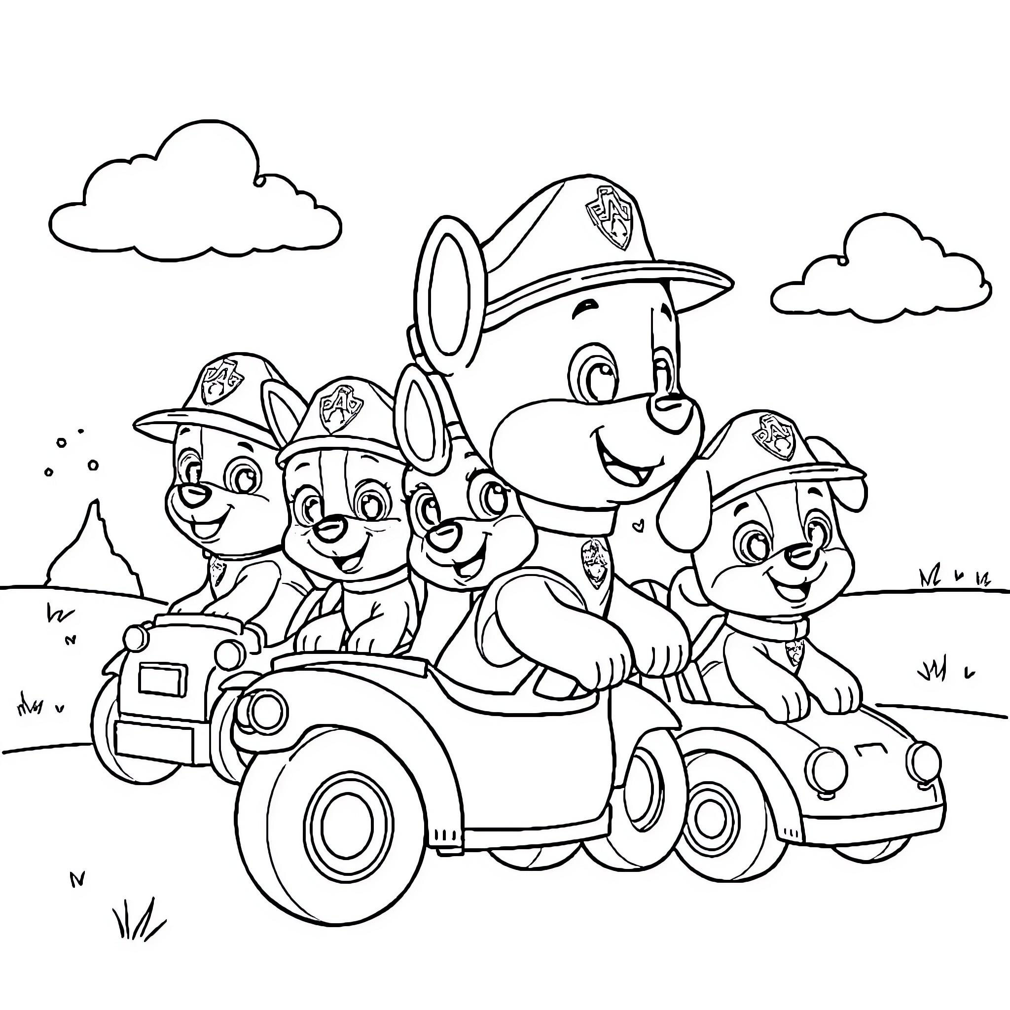 Paw Patrol Team Adventures in Vehicles Coloring Page (free black-and-white line drawing printable PDF for all, from beginners to advanced learners, including children, teens, adults, and seniors)