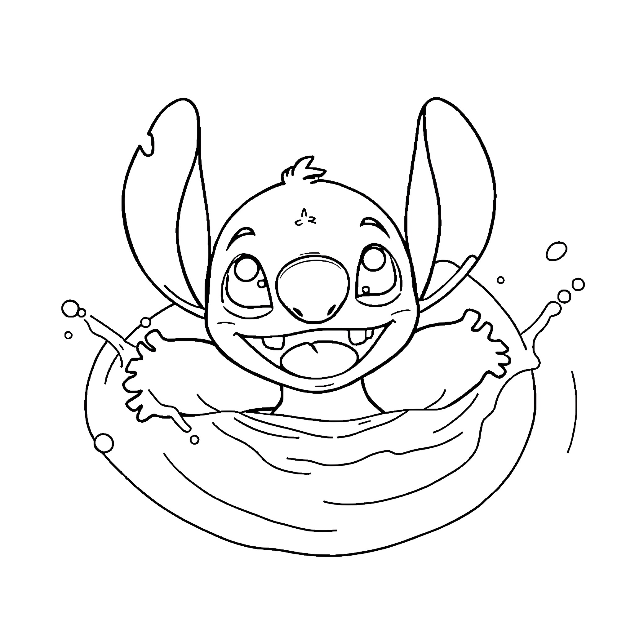 Stitch floating in a pool of bubbles Coloring Page (free black-and-white line drawing printable PDF for all, from beginners to advanced learners, including children, teens, adults, and seniors)