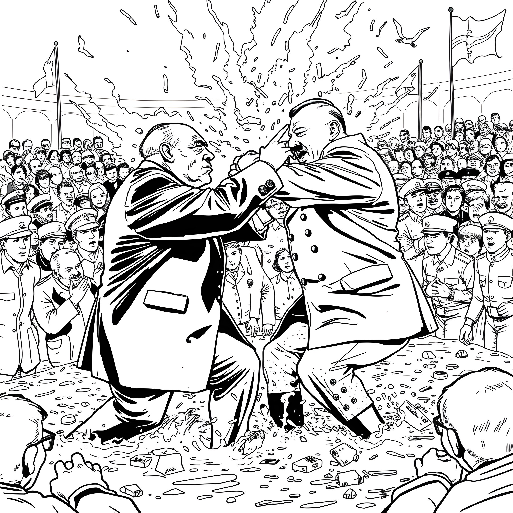 Winston Churchill arguing animatedly with another political figure Coloring Page (free black-and-white line drawing printable PDF for all, from beginners to advanced learners, including children, teens, adults, and seniors)