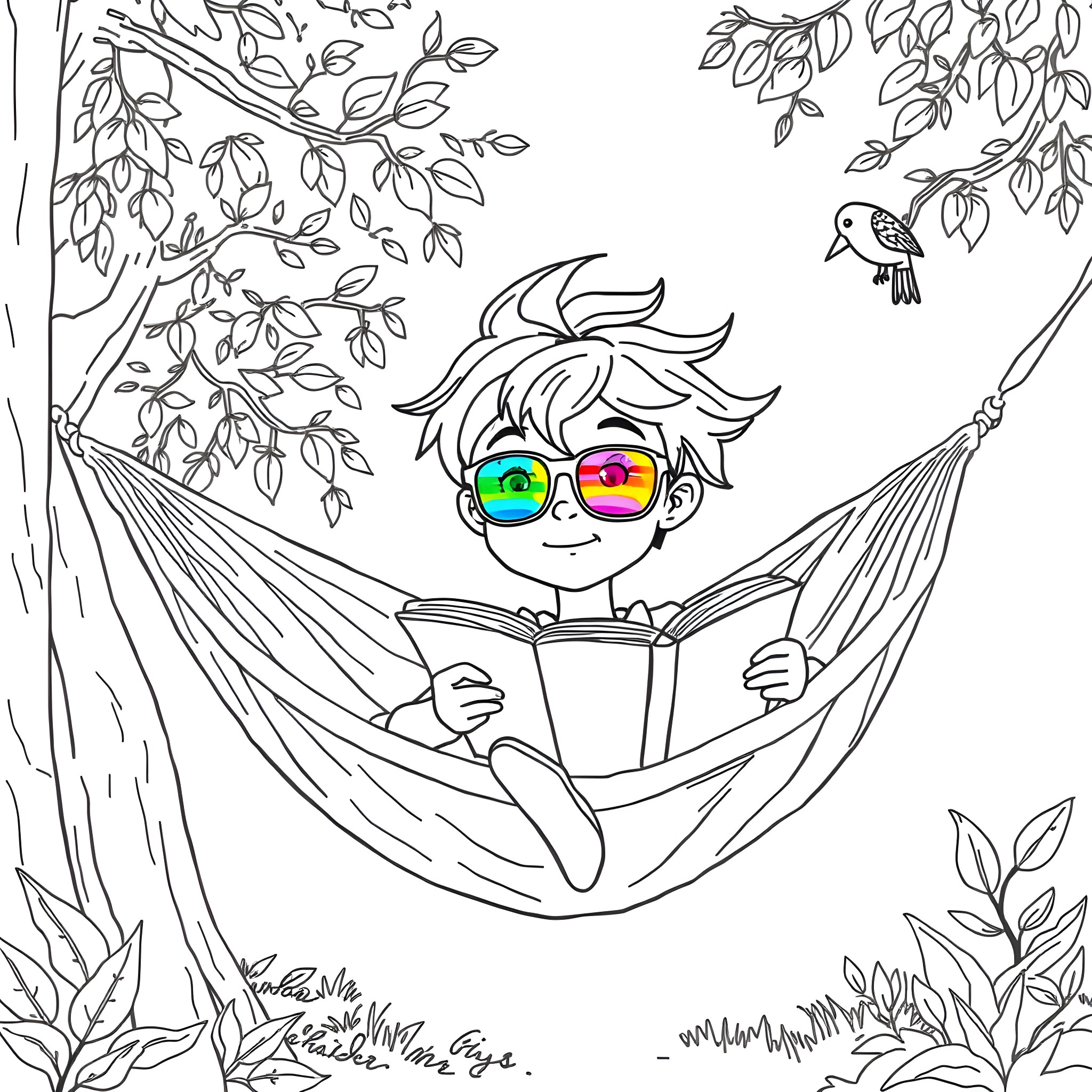 Boy reading book happily in hammock Coloring Page (free black-and-white line drawing printable PDF for all, from beginners to advanced learners, including children, teens, adults, and seniors)