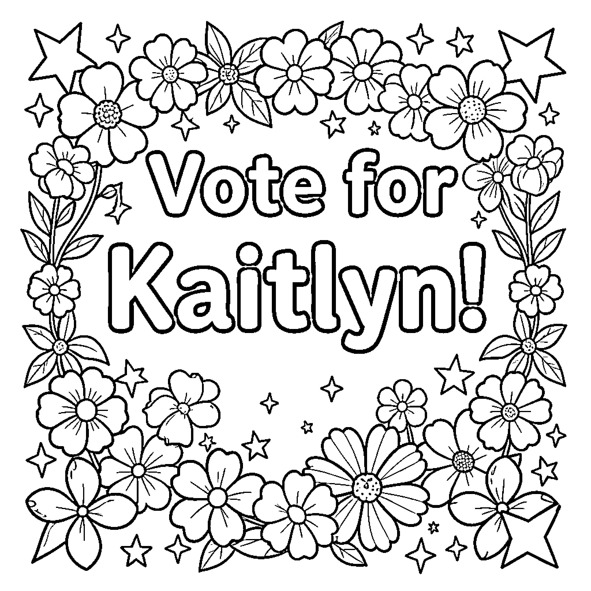 Kaitlyn's Floral Election Campaign Coloring Page (free black-and-white line drawing printable PDF for all, from beginners to advanced learners, including children, teens, adults, and seniors)