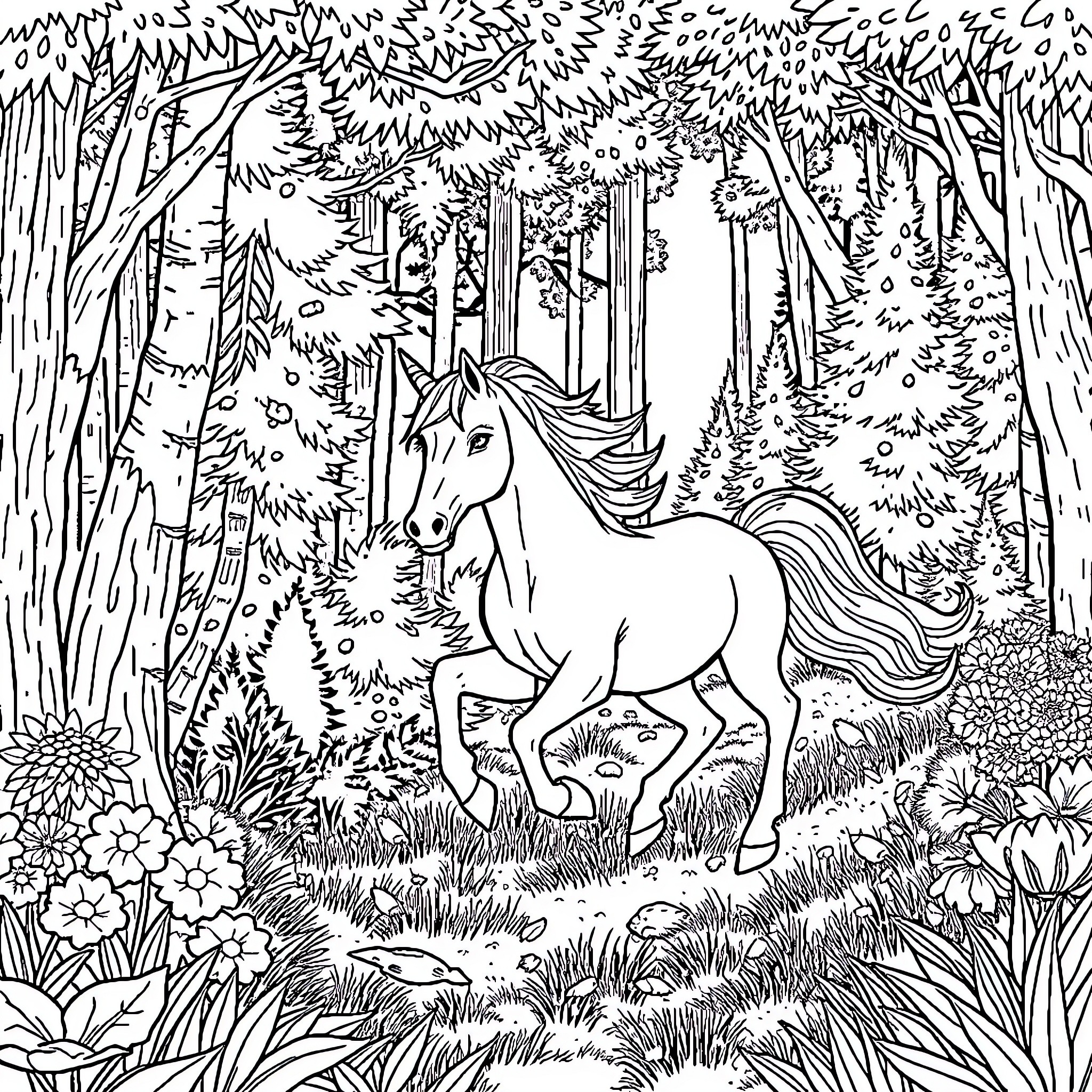 Unicorn strolling through enchanted forest Coloring Page (free black-and-white line drawing printable PDF for all, from beginners to advanced learners, including children, teens, adults, and seniors)