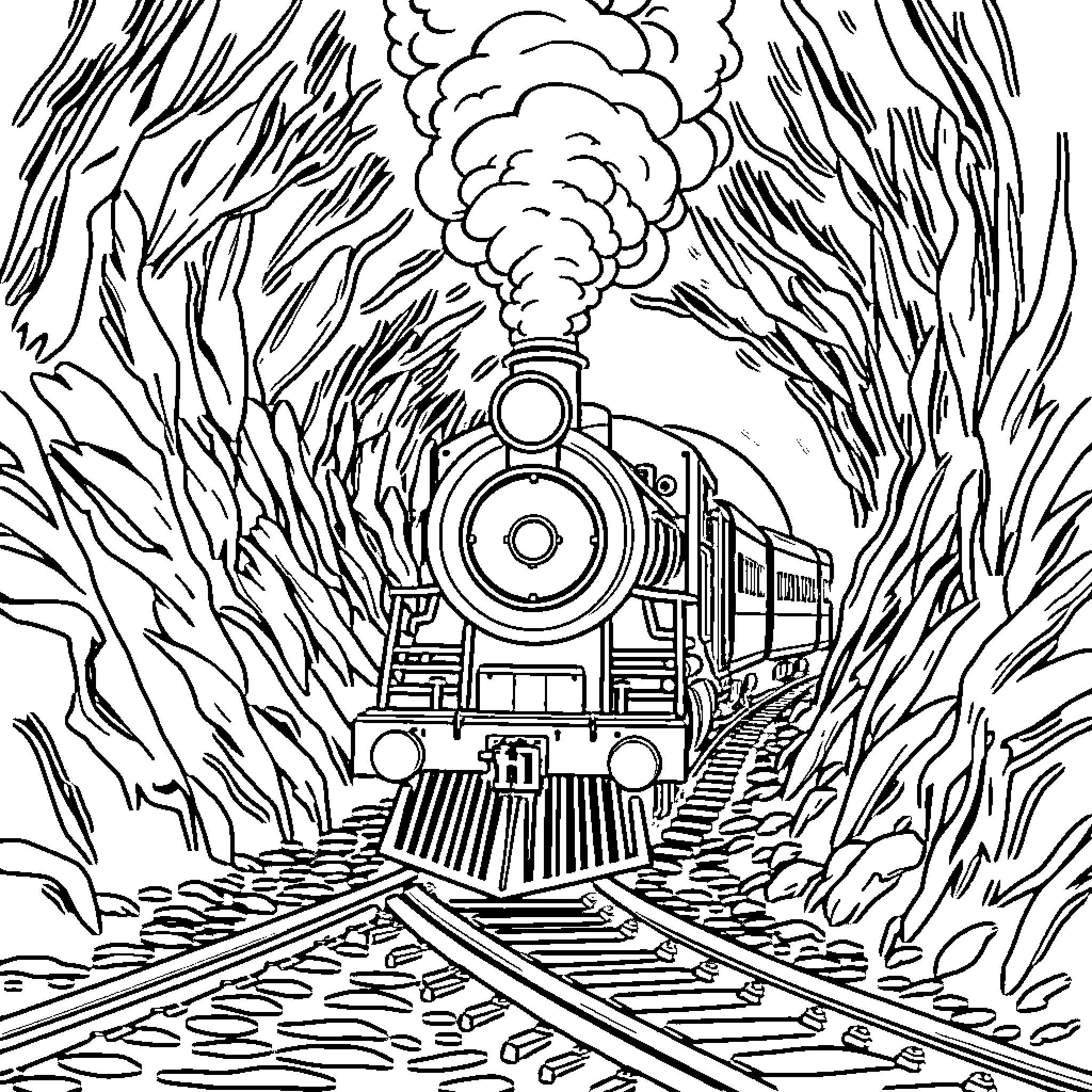 Steam Train Speeding Through the Forest Coloring Page (free black-and-white line drawing printable PDF for all, from beginners to advanced learners, including children, teens, adults, and seniors)