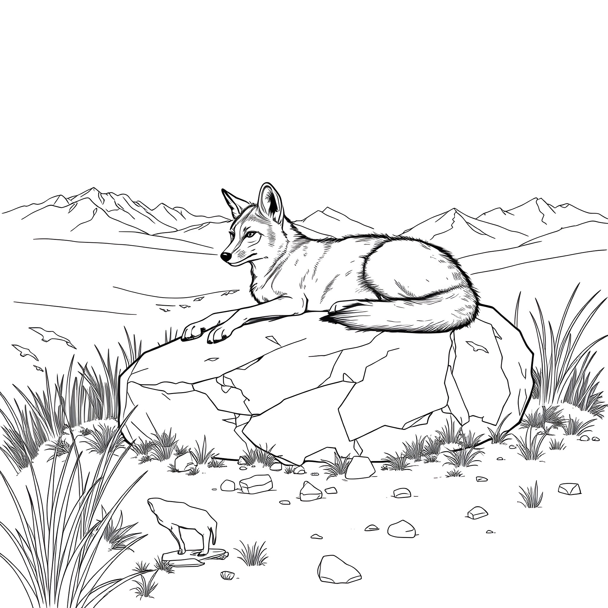 Coyote resting in the wilderness Coloring Page (free black-and-white line drawing printable PDF for all, from beginners to advanced learners, including children, teens, adults, and seniors)