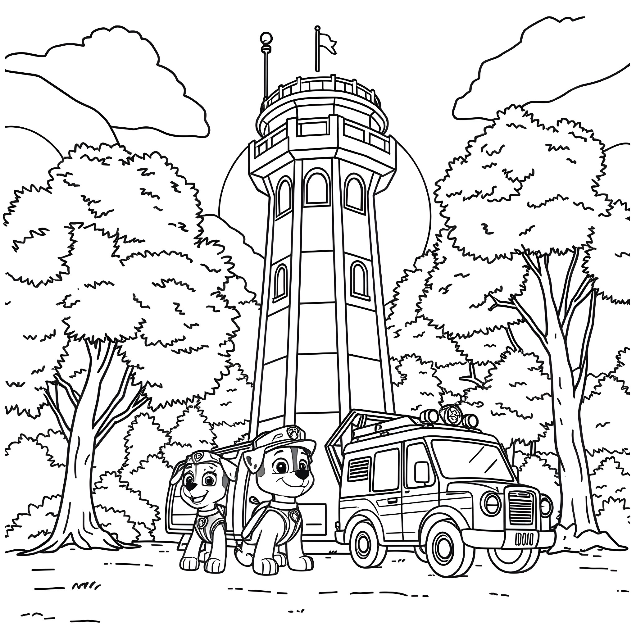 Paw Patrol Tower with Characters and Vehicles Coloring Page (free black-and-white line drawing printable PDF for all, from beginners to advanced learners, including children, teens, adults, and seniors)