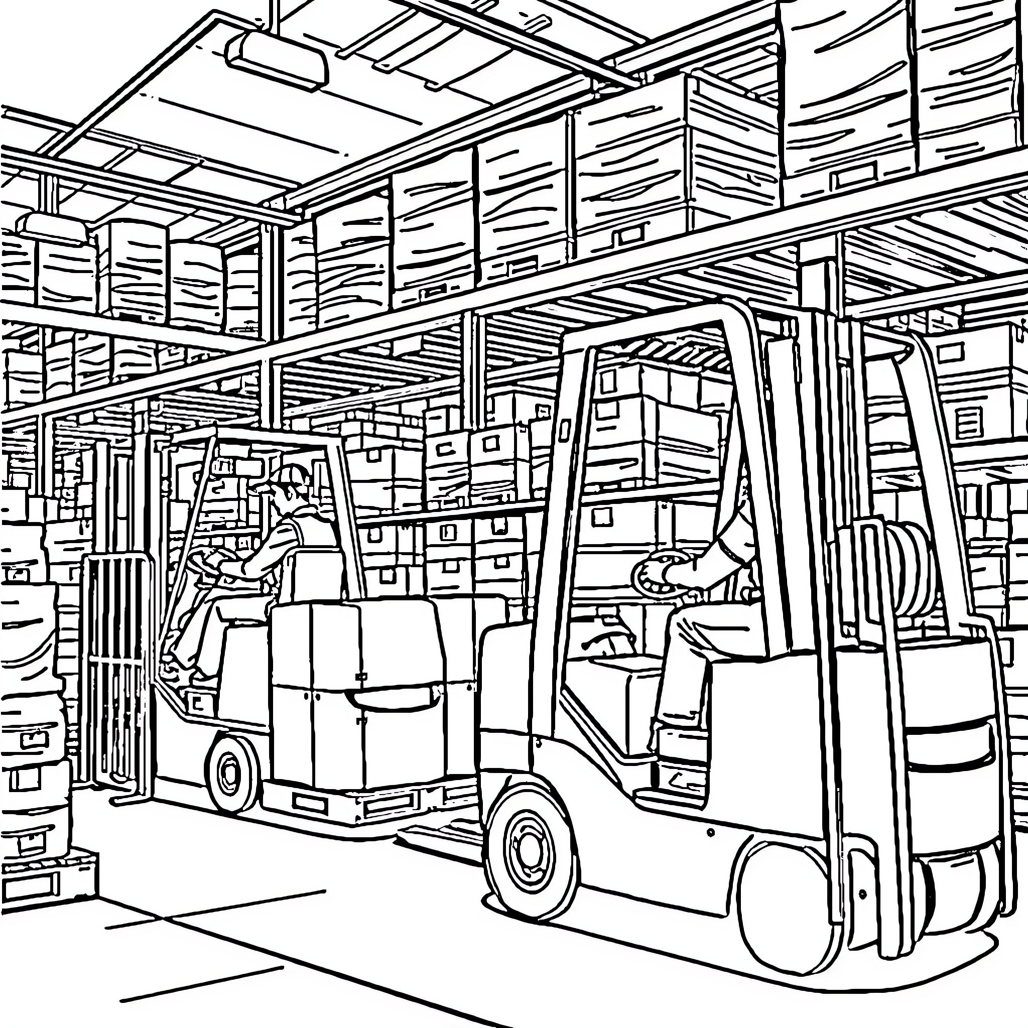 Forklift operating in busy warehouse Coloring Page (free black-and-white line drawing printable PDF for all, from beginners to advanced learners, including children, teens, adults, and seniors)