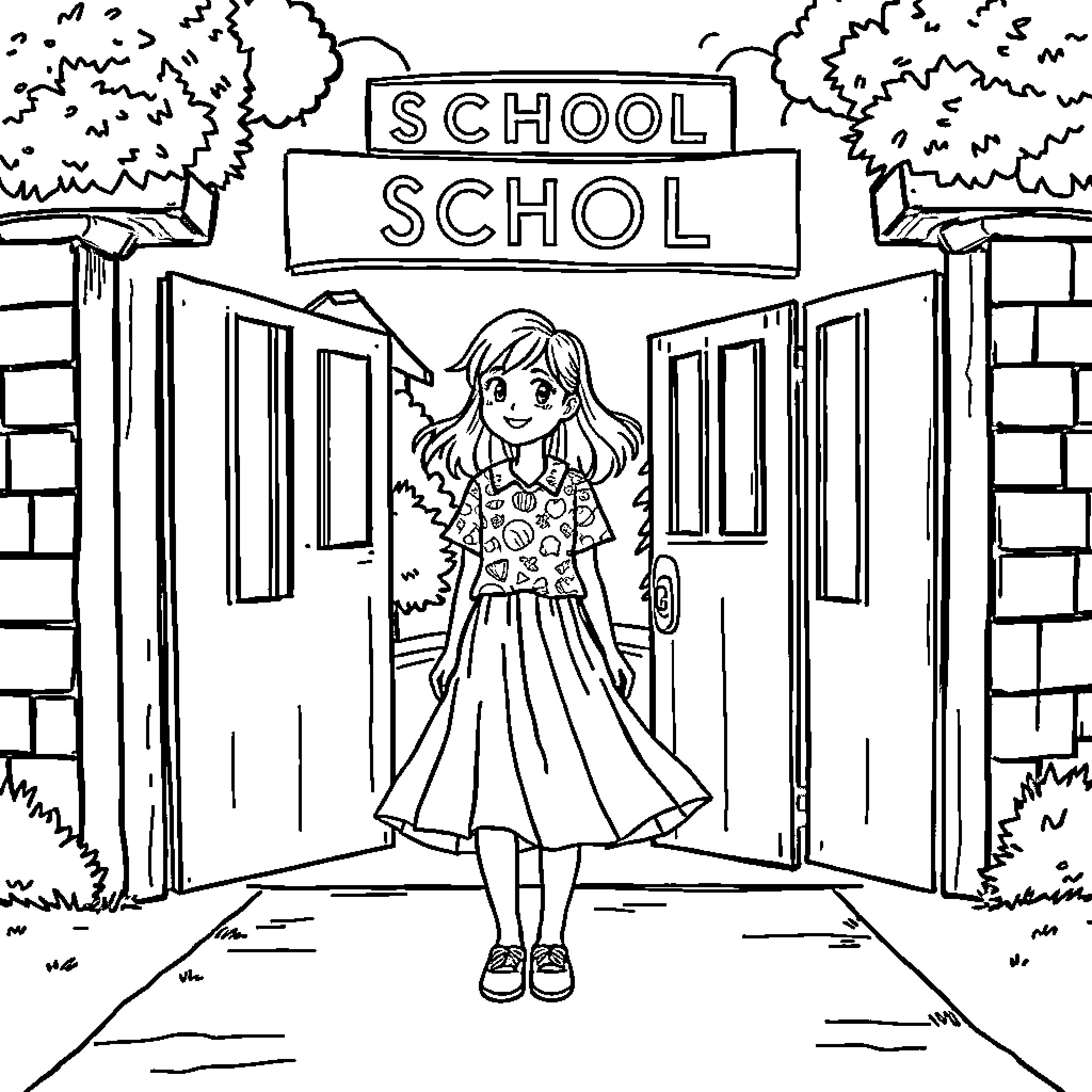 Girl in floral dress heading to school Coloring Page (free black-and-white line drawing printable PDF for all, from beginners to advanced learners, including children, teens, adults, and seniors)