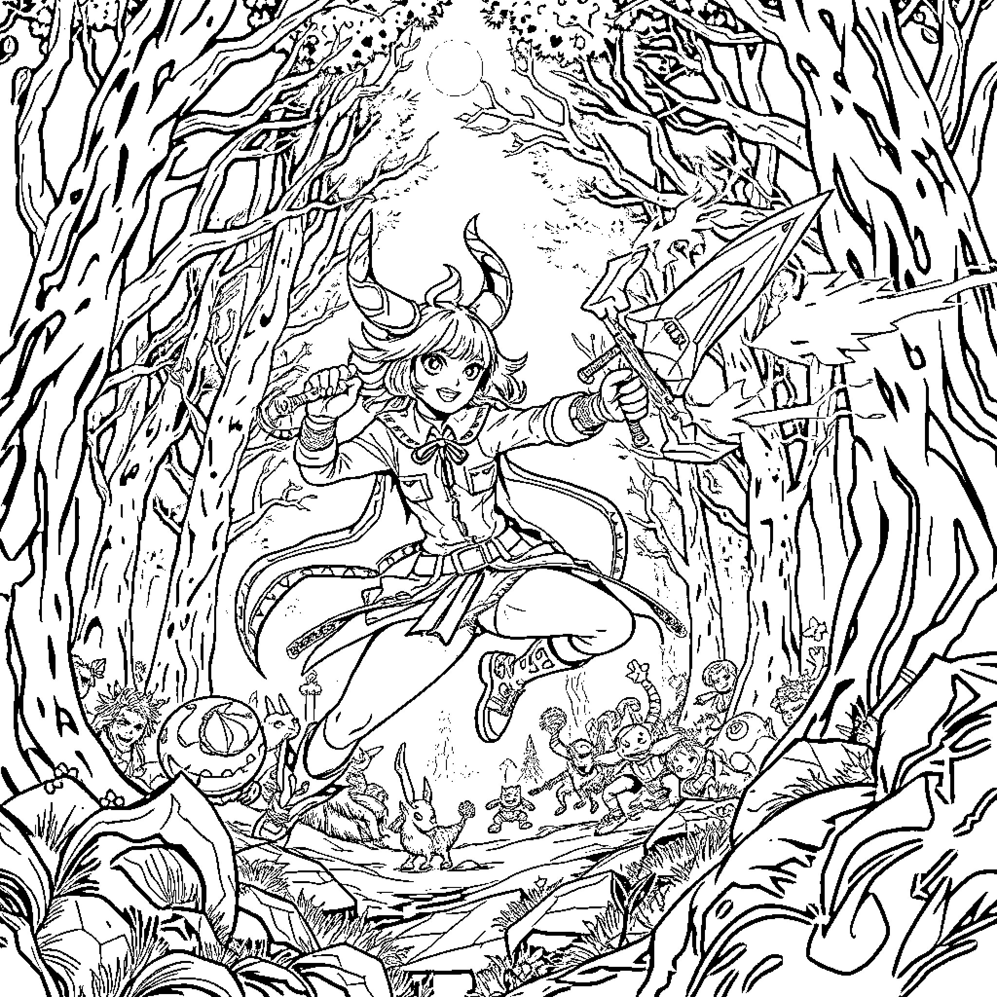 Zoey's Magical Adventure in the Enchanted Forest Coloring Page (free black-and-white line drawing printable PDF for all, from beginners to advanced learners, including children, teens, adults, and seniors)