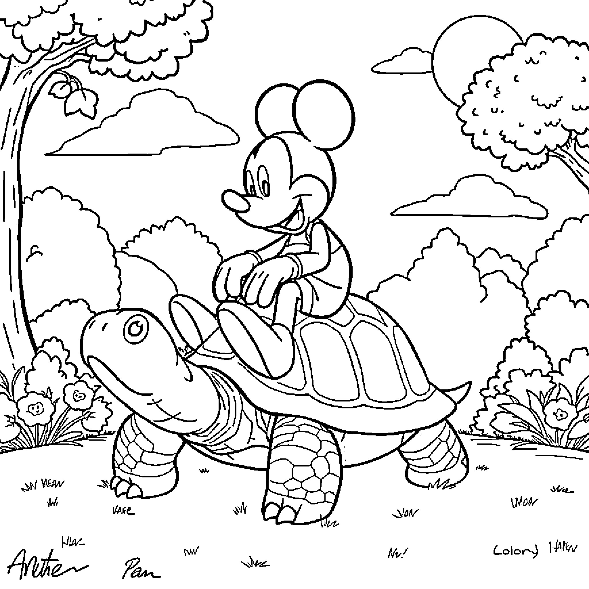 Mickey Mouse riding a turtle in the outdoors Coloring Page (free black-and-white line drawing printable PDF for all, from beginners to advanced learners, including children, teens, adults, and seniors)