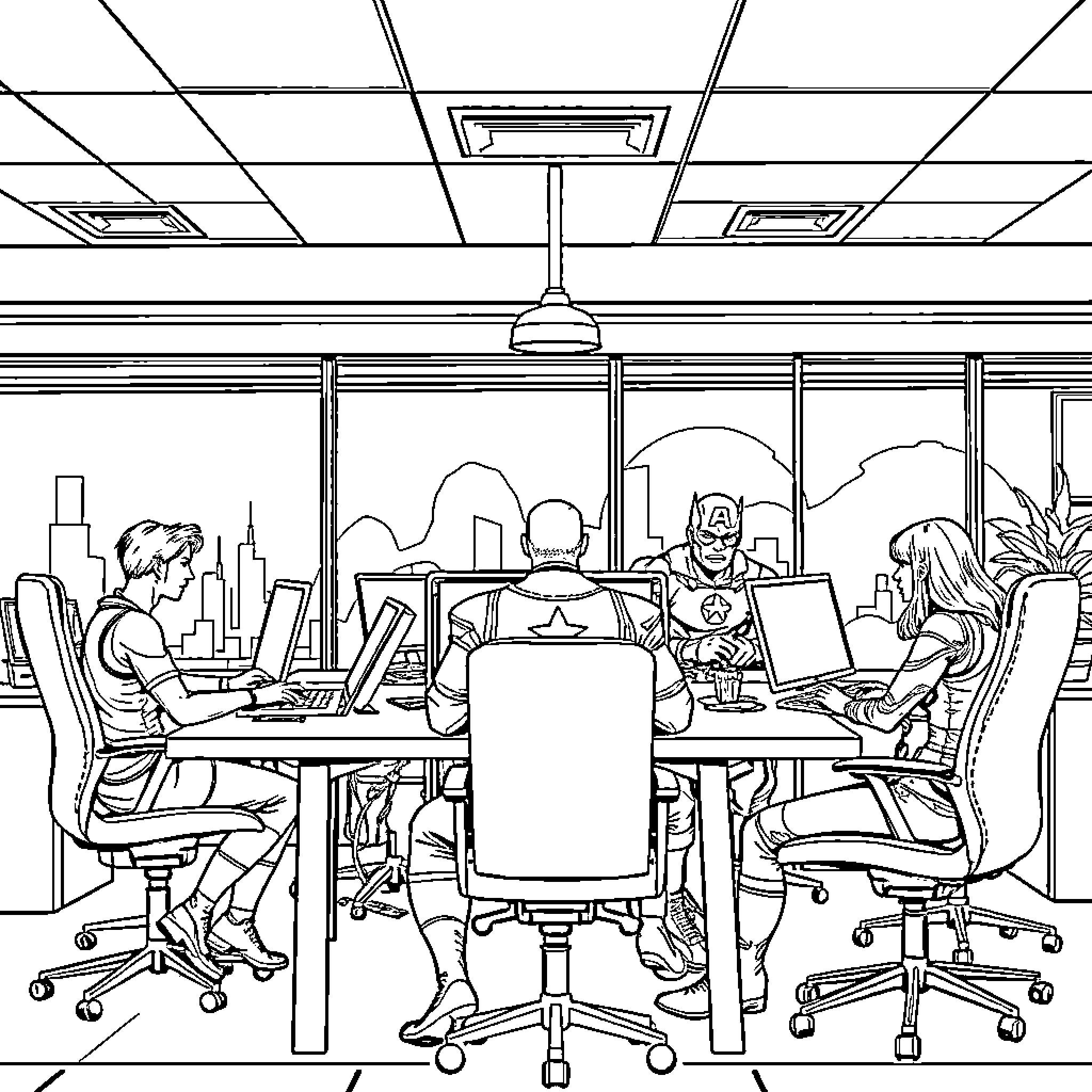 Avengers Assemble: Superheroes at Work Coloring Page (free black-and-white line drawing printable PDF for all, from beginners to advanced learners, including children, teens, adults, and seniors)