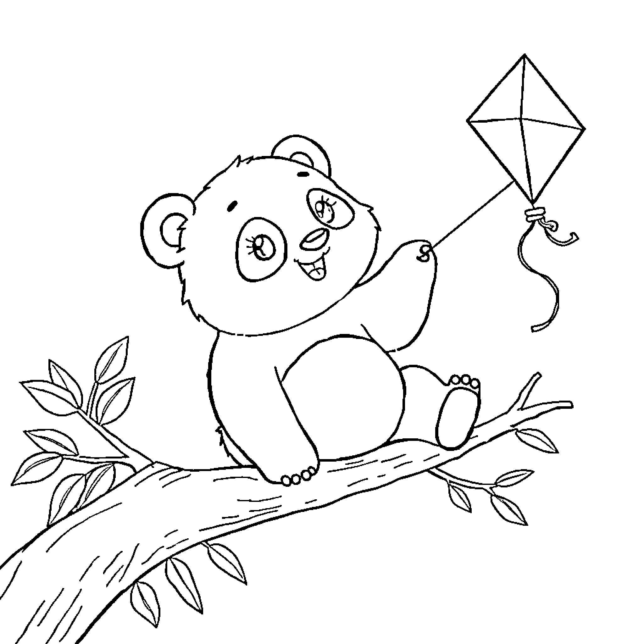 Panda playing with kite on tree branch Coloring Page (free black-and-white line drawing printable PDF for all, from beginners to advanced learners, including children, teens, adults, and seniors)