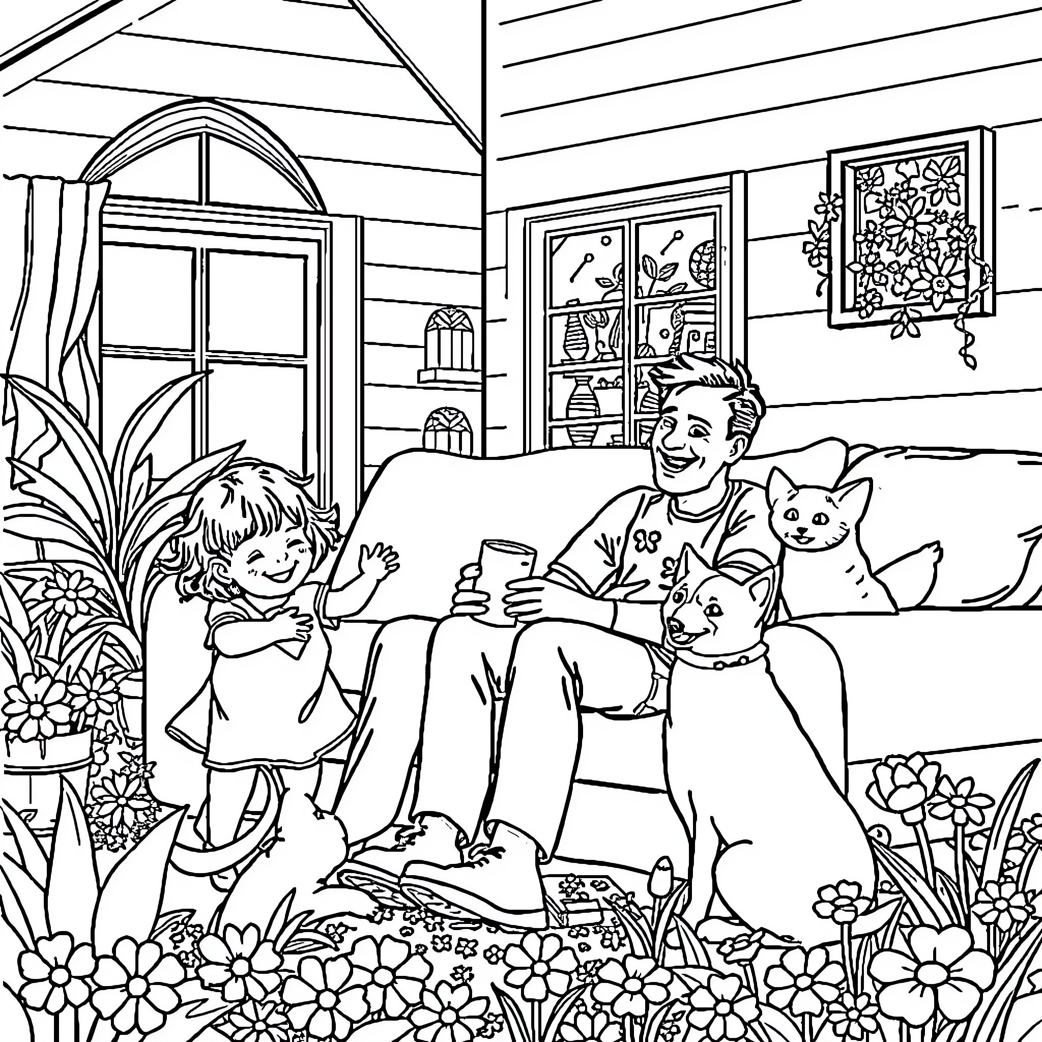 Family enjoying quality time together in their cozy home Coloring Page (free black-and-white line drawing printable PDF for all, from beginners to advanced learners, including children, teens, adults, and seniors)