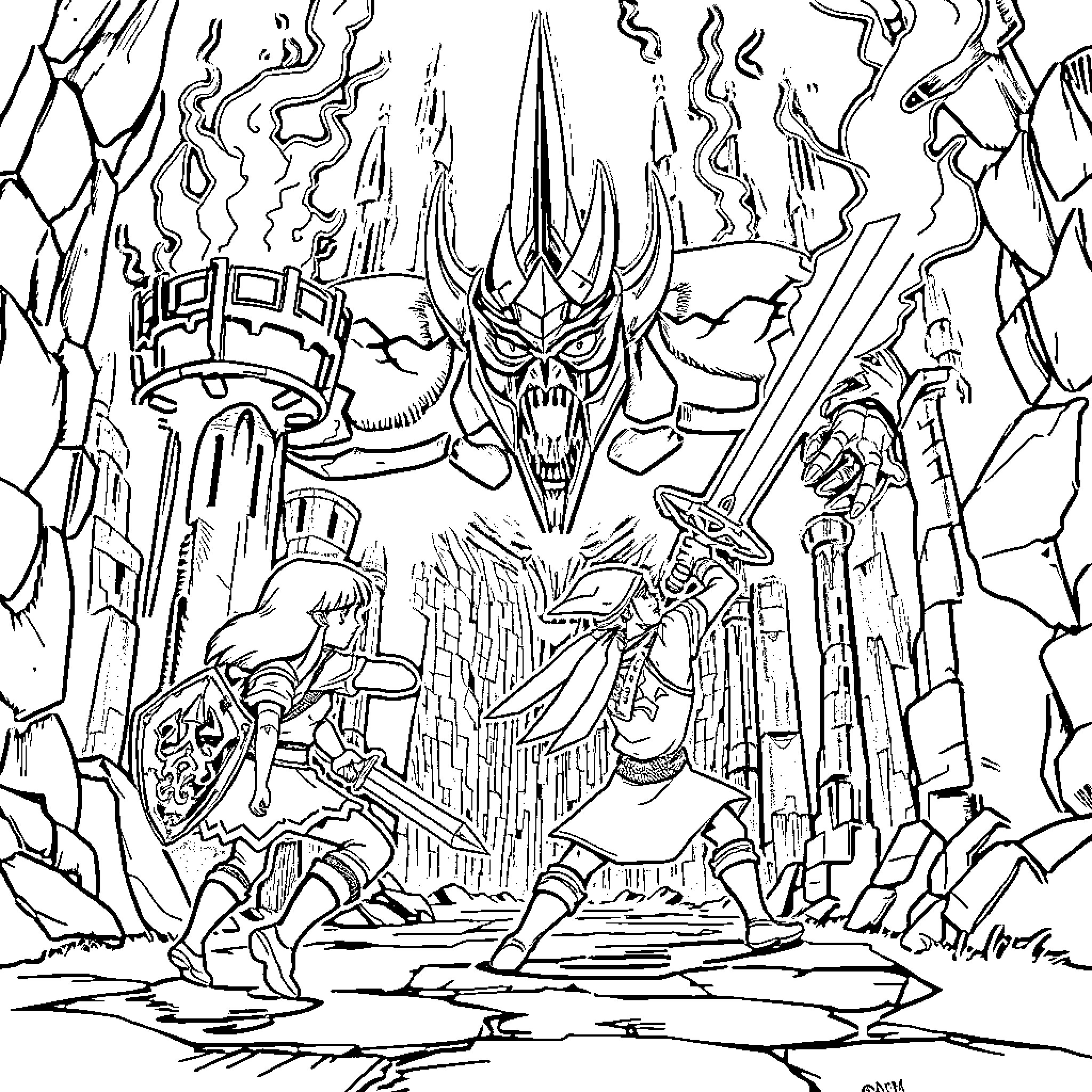Zelda characters in an epic battle against a formidable foe Coloring Page (free black-and-white line drawing printable PDF for all, from beginners to advanced learners, including children, teens, adults, and seniors)