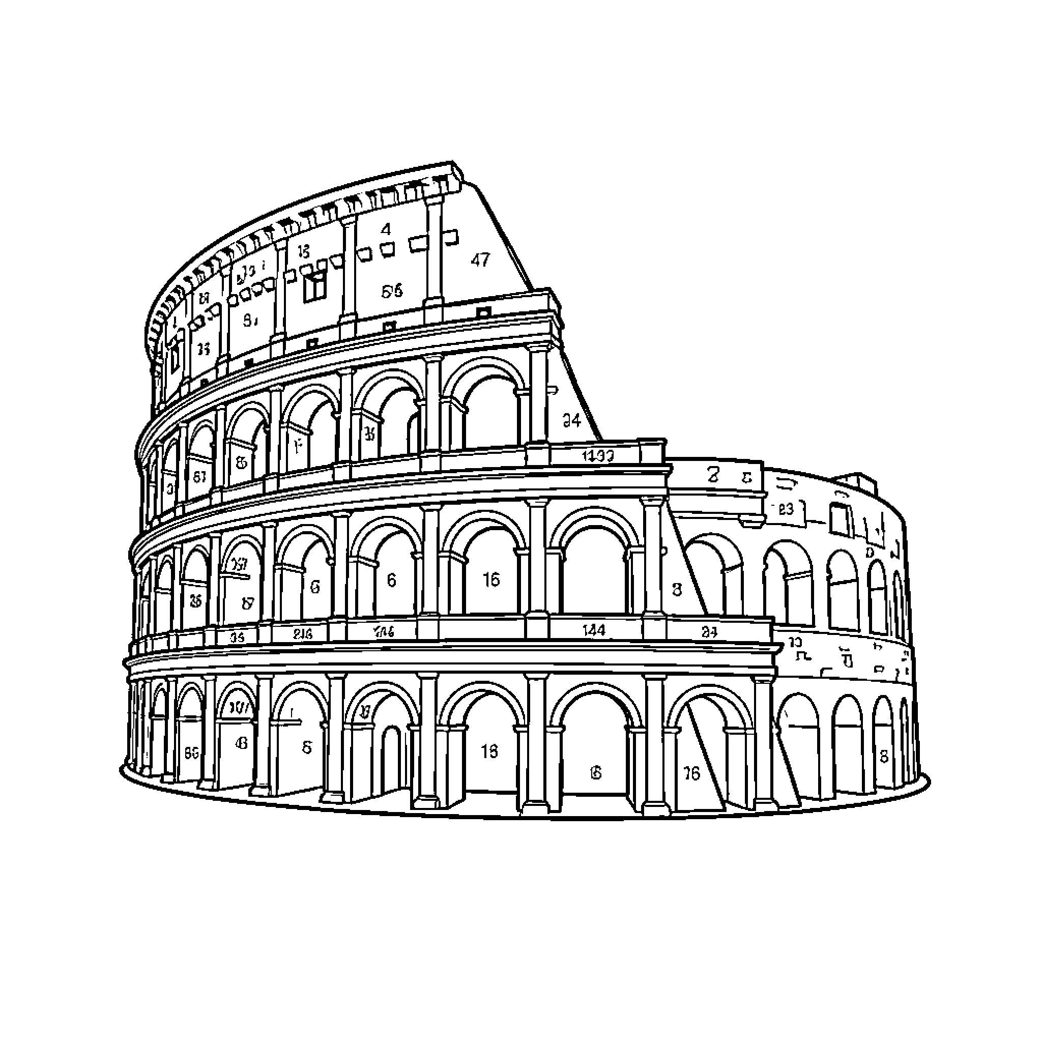 Colosseum's Iconic Architecture and Design Coloring Page (free black-and-white line drawing printable PDF for all, from beginners to advanced learners, including children, teens, adults, and seniors)