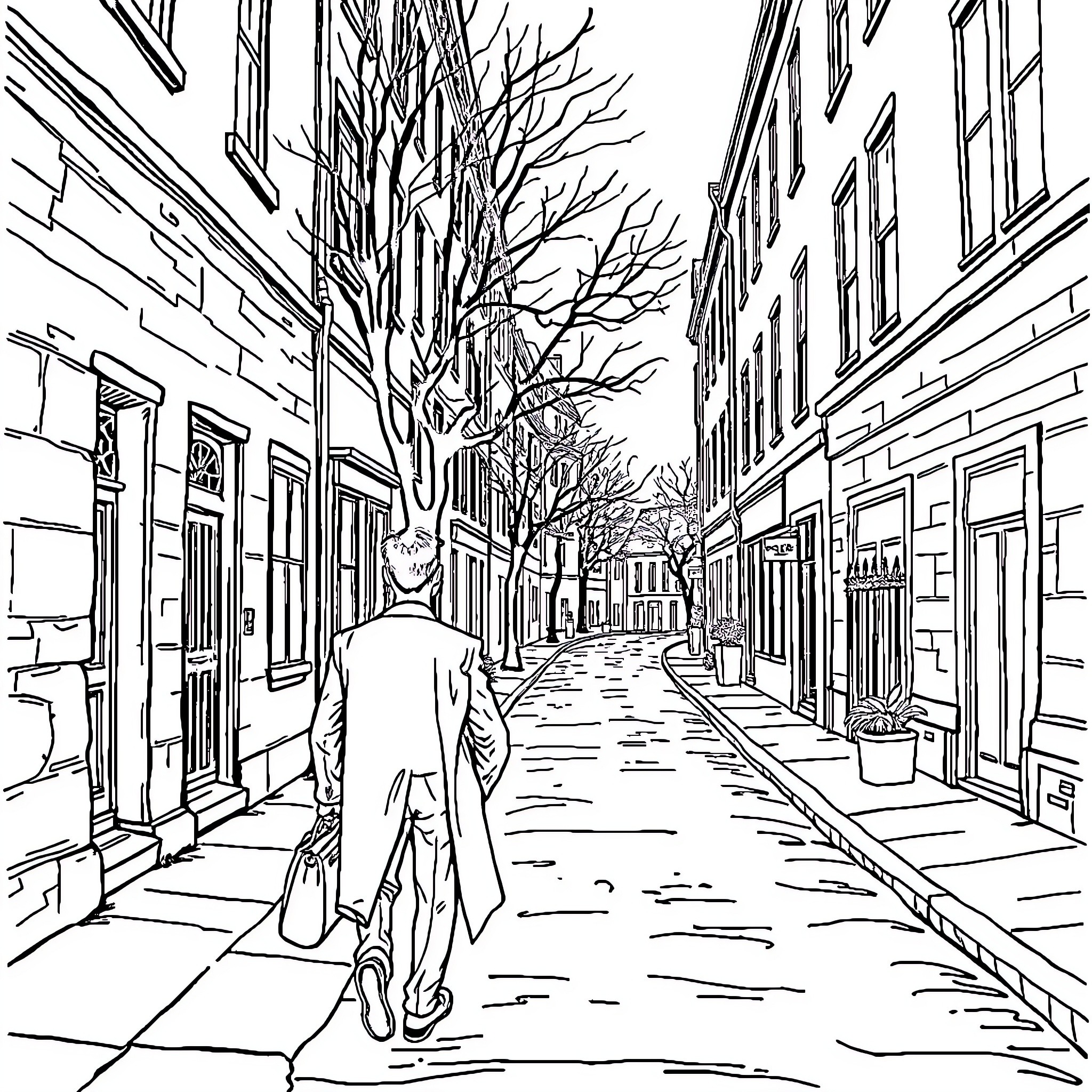 J Alfred Prufrock Walks Through a Deserted Urban Landscape Coloring Page (free black-and-white line drawing printable PDF for all, from beginners to advanced learners, including children, teens, adults, and seniors)