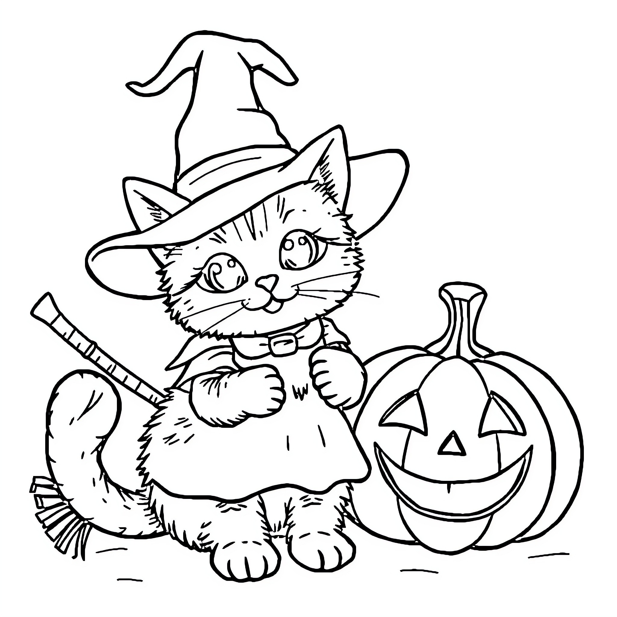 Cat in Witch Costume with Pumpkin Coloring Page (free black-and-white line drawing printable PDF for all, from beginners to advanced learners, including children, teens, adults, and seniors)