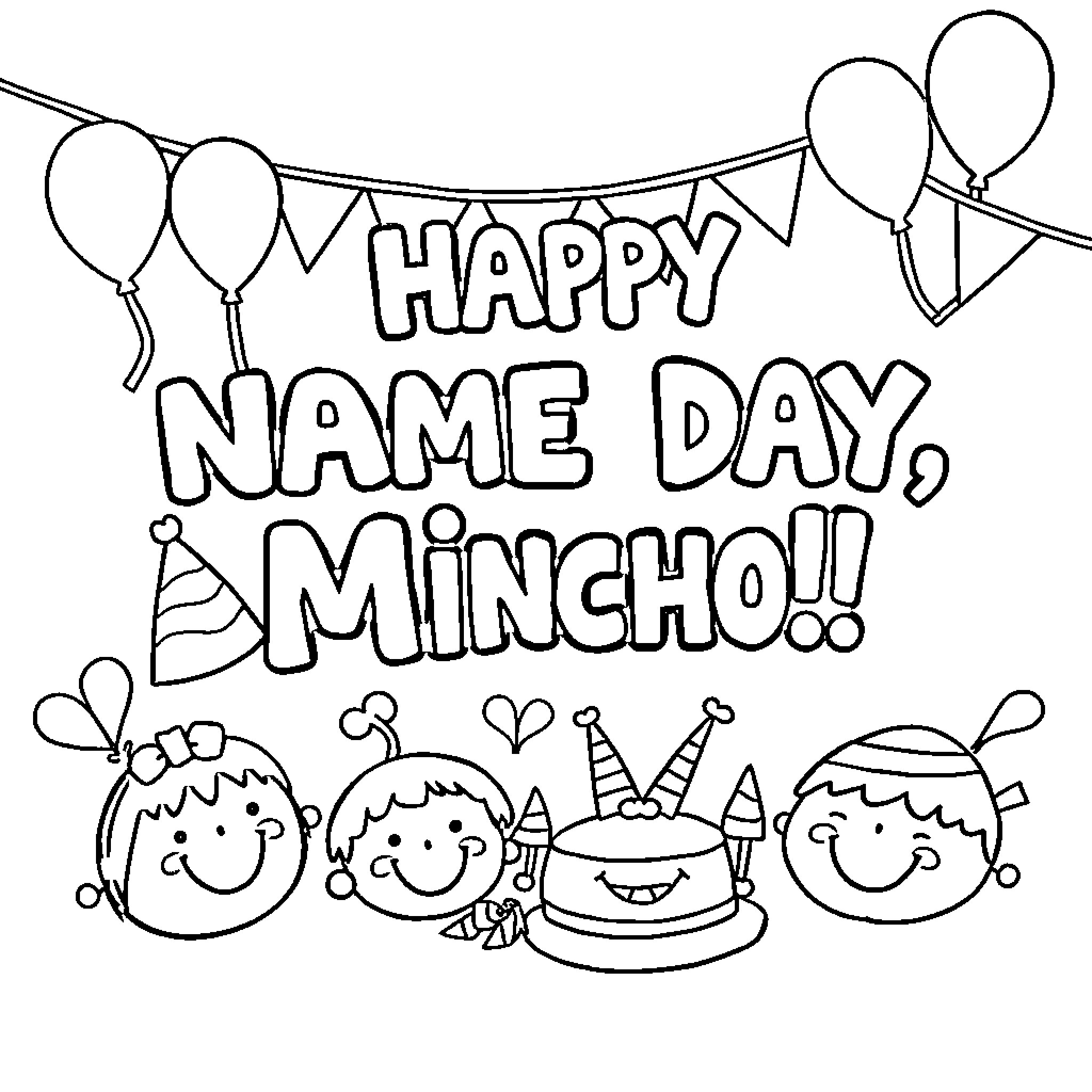 Name Day Celebration with Happy Kids, Cake, and Balloons Coloring Page (free black-and-white line drawing printable PDF for all, from beginners to advanced learners, including children, teens, adults, and seniors)