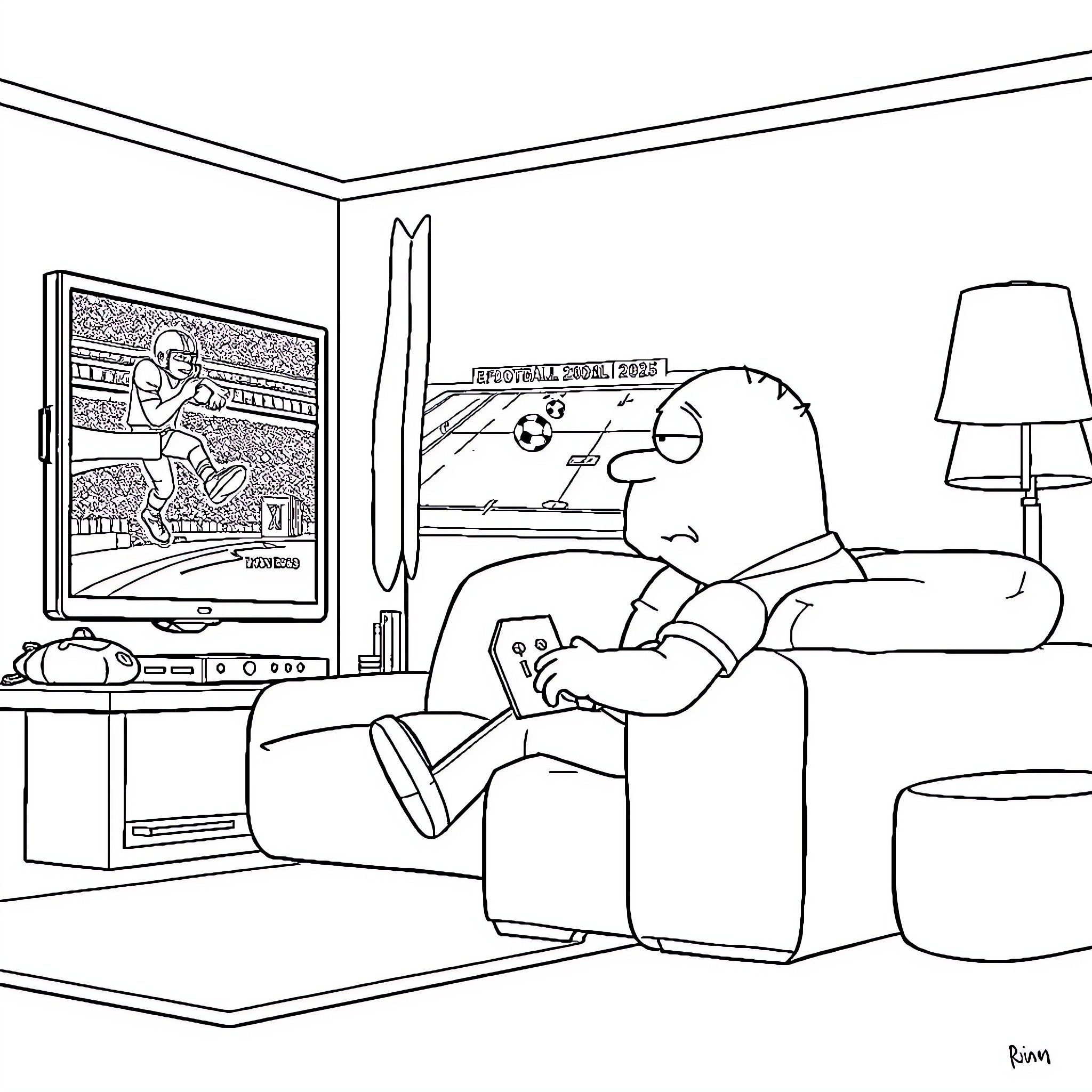 Stewie Watching Football Game on TV in Living Room Coloring Page (free black-and-white line drawing printable PDF for all, from beginners to advanced learners, including children, teens, adults, and seniors)