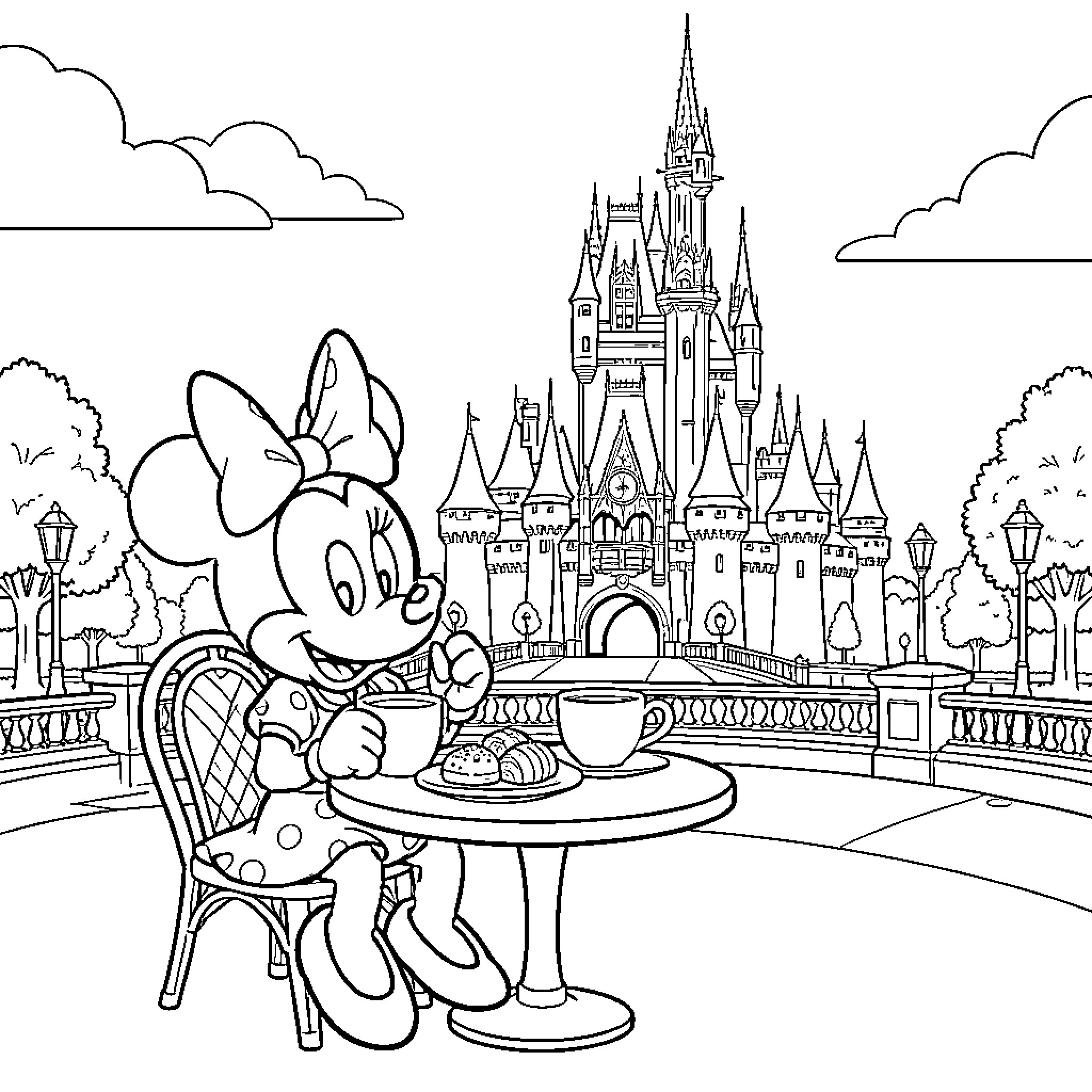 Minnie Mouse enjoying tea and pastries by the castle Coloring Page (free black-and-white line drawing printable PDF for all, from beginners to advanced learners, including children, teens, adults, and seniors)