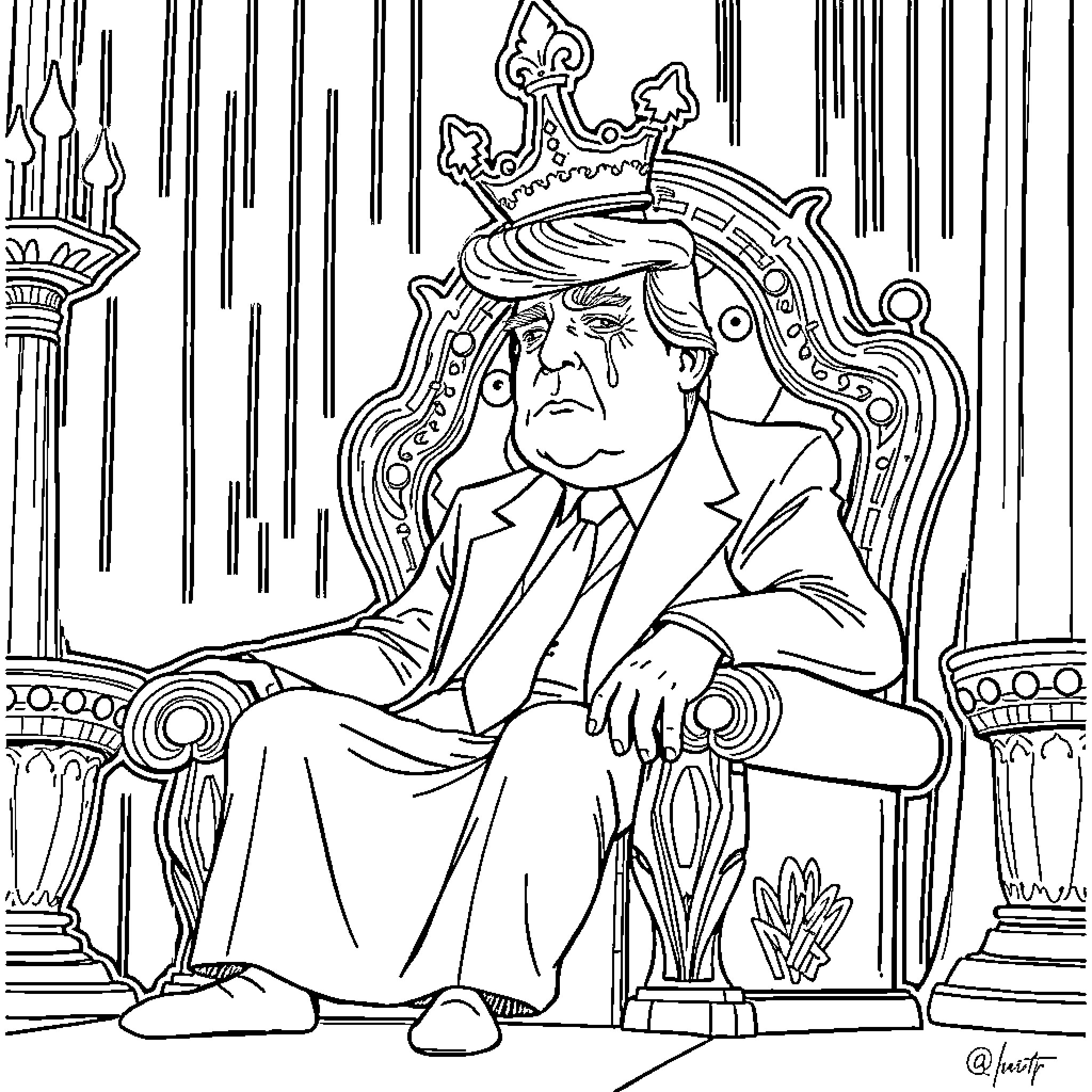 Donald Trump: Dethroned and Disillusioned Coloring Page (free black-and-white line drawing printable PDF for all, from beginners to advanced learners, including children, teens, adults, and seniors)
