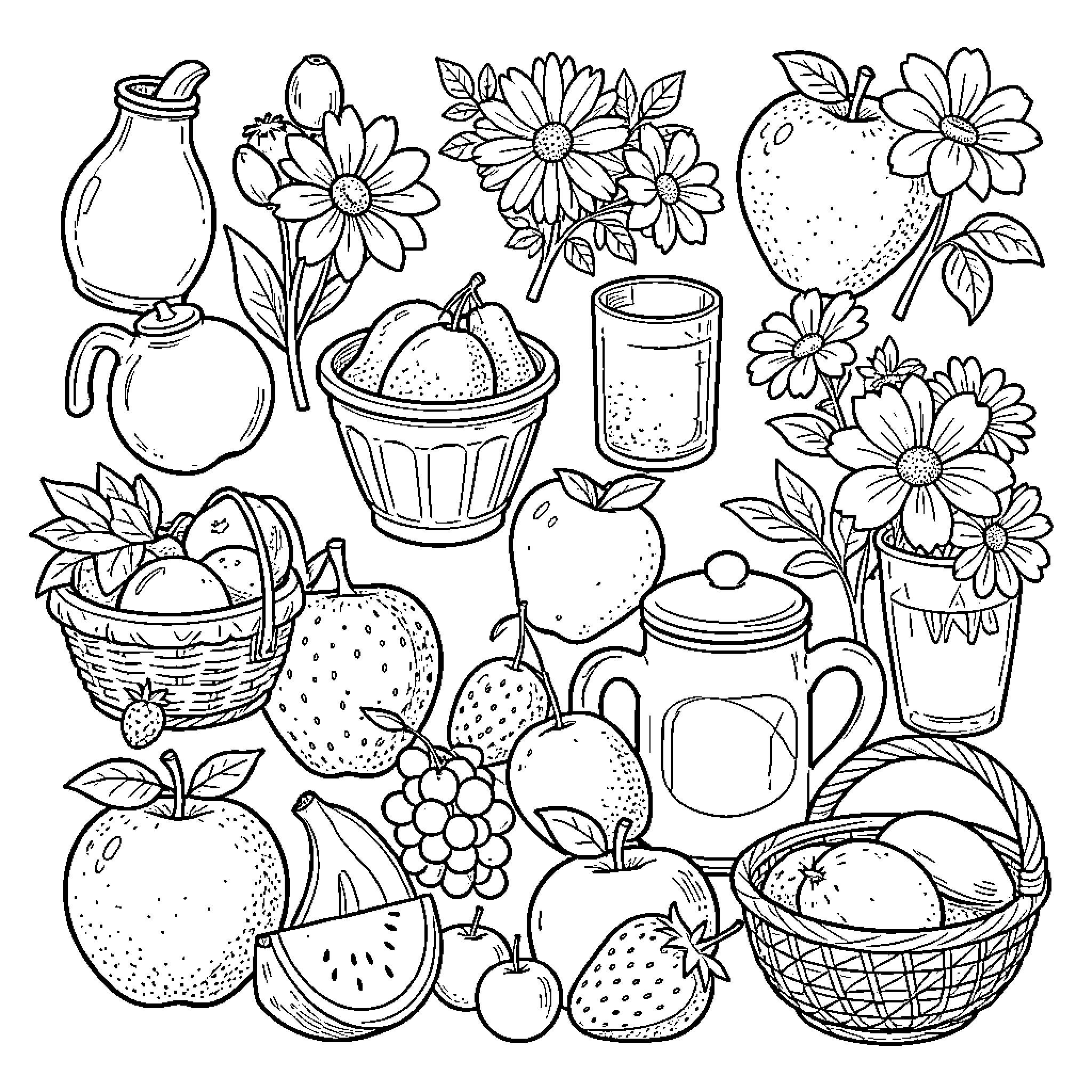 Still Life of assorted fruits and blooming flowers Coloring Page (free black-and-white line drawing printable PDF for all, from beginners to advanced learners, including children, teens, adults, and seniors)