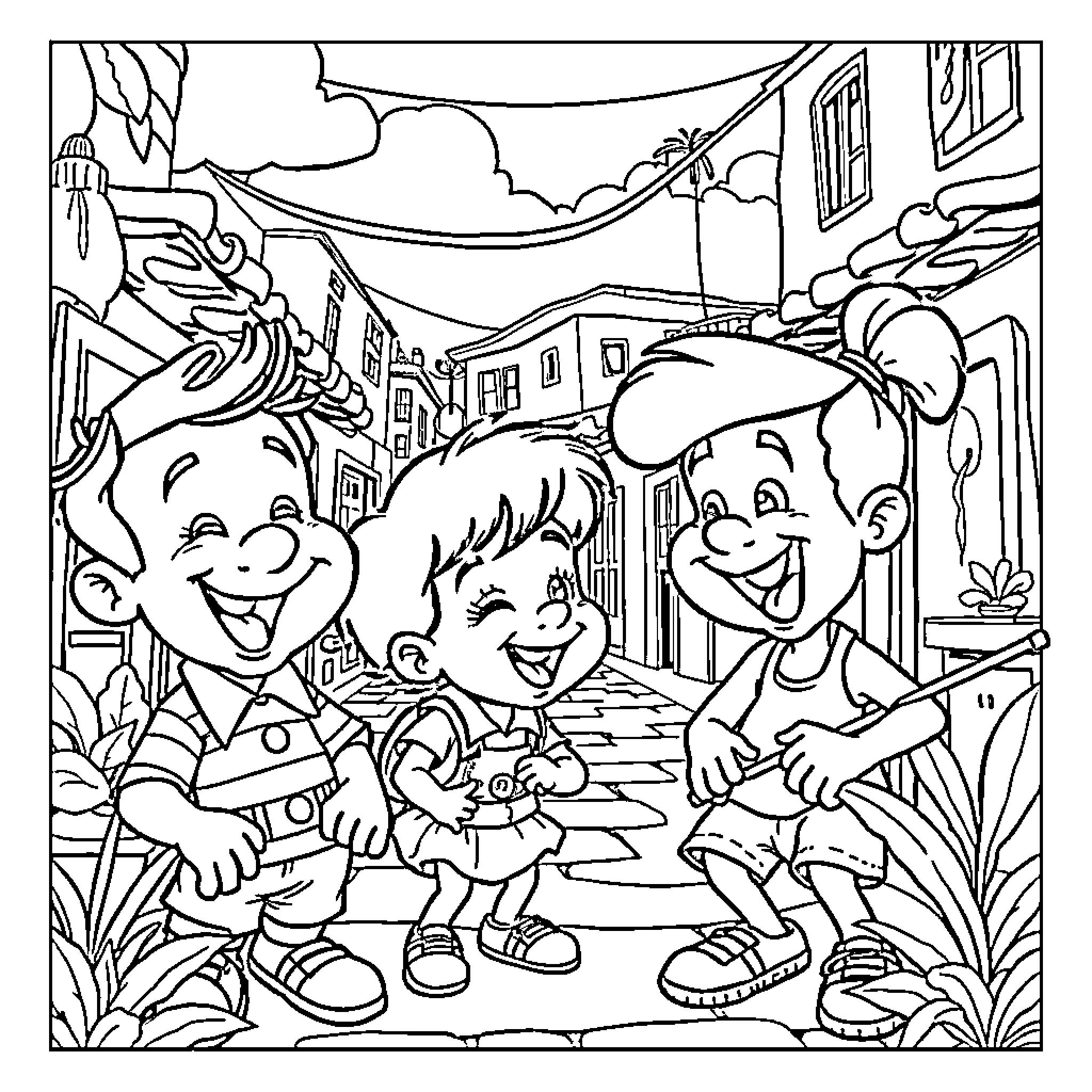 El Chavo and Friends in a Lively Neighborhood Scene Coloring Page (free black-and-white line drawing printable PDF for all, from beginners to advanced learners, including children, teens, adults, and seniors)