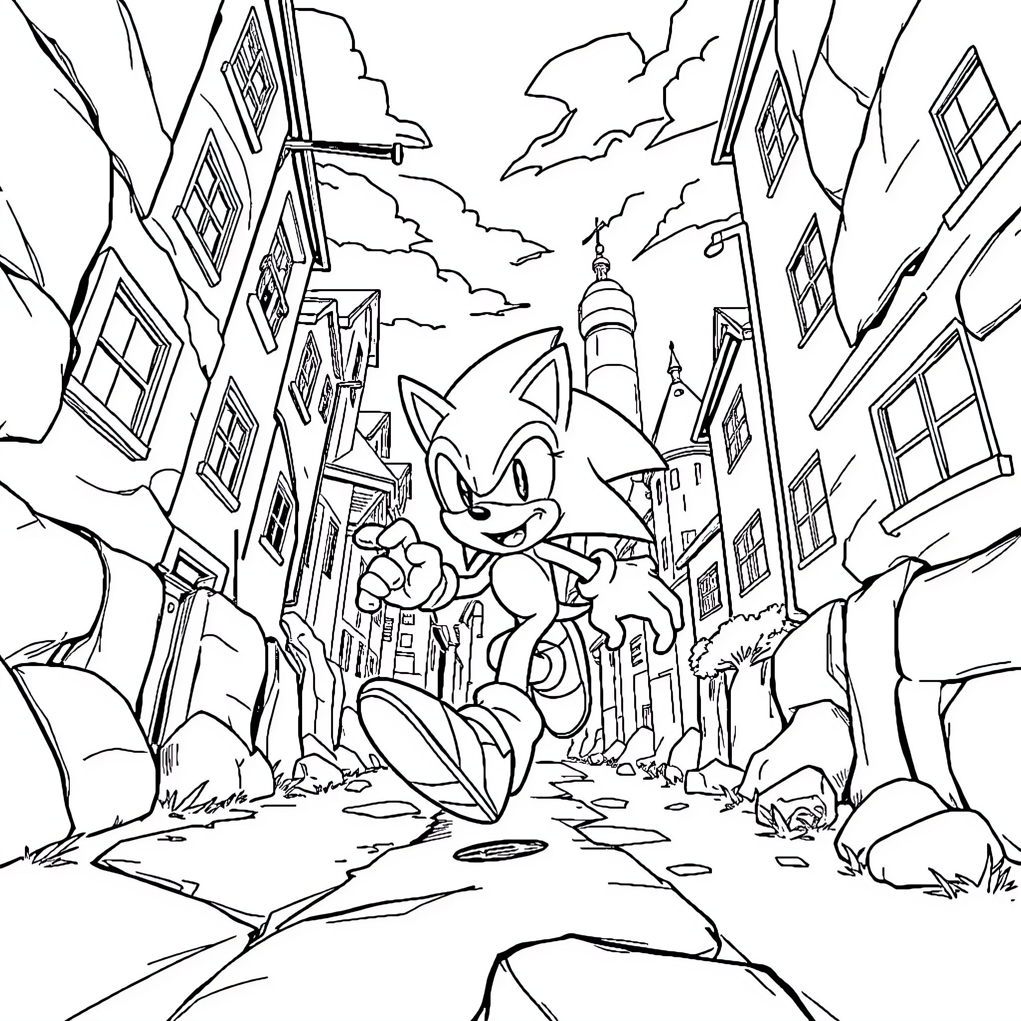 Sonic's Adventure in the City Skyline Coloring Page (free black-and-white line drawing printable PDF for all, from beginners to advanced learners, including children, teens, adults, and seniors)