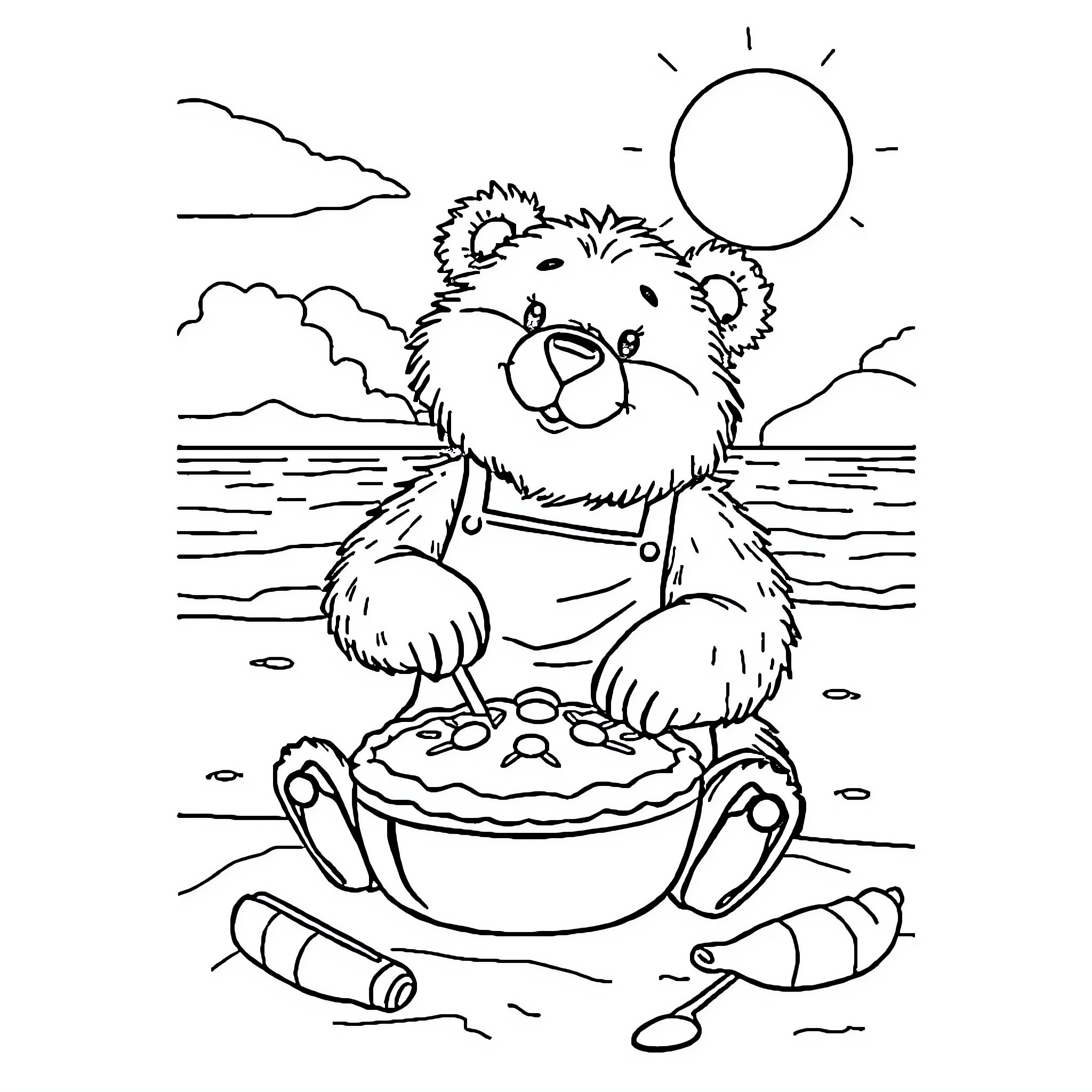 Bear baking pies by the beach Coloring Page (free black-and-white line drawing printable PDF for all, from beginners to advanced learners, including children, teens, adults, and seniors)