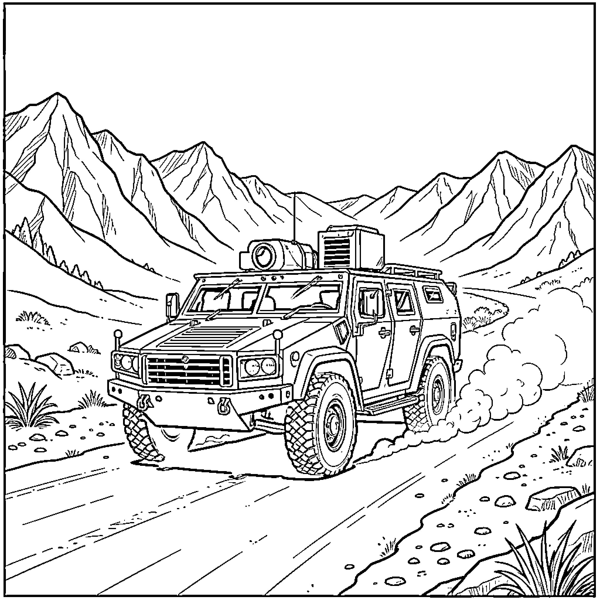 MRAP driving through a rugged mountain landscape Coloring Page (free black-and-white line drawing printable PDF for all, from beginners to advanced learners, including children, teens, adults, and seniors)