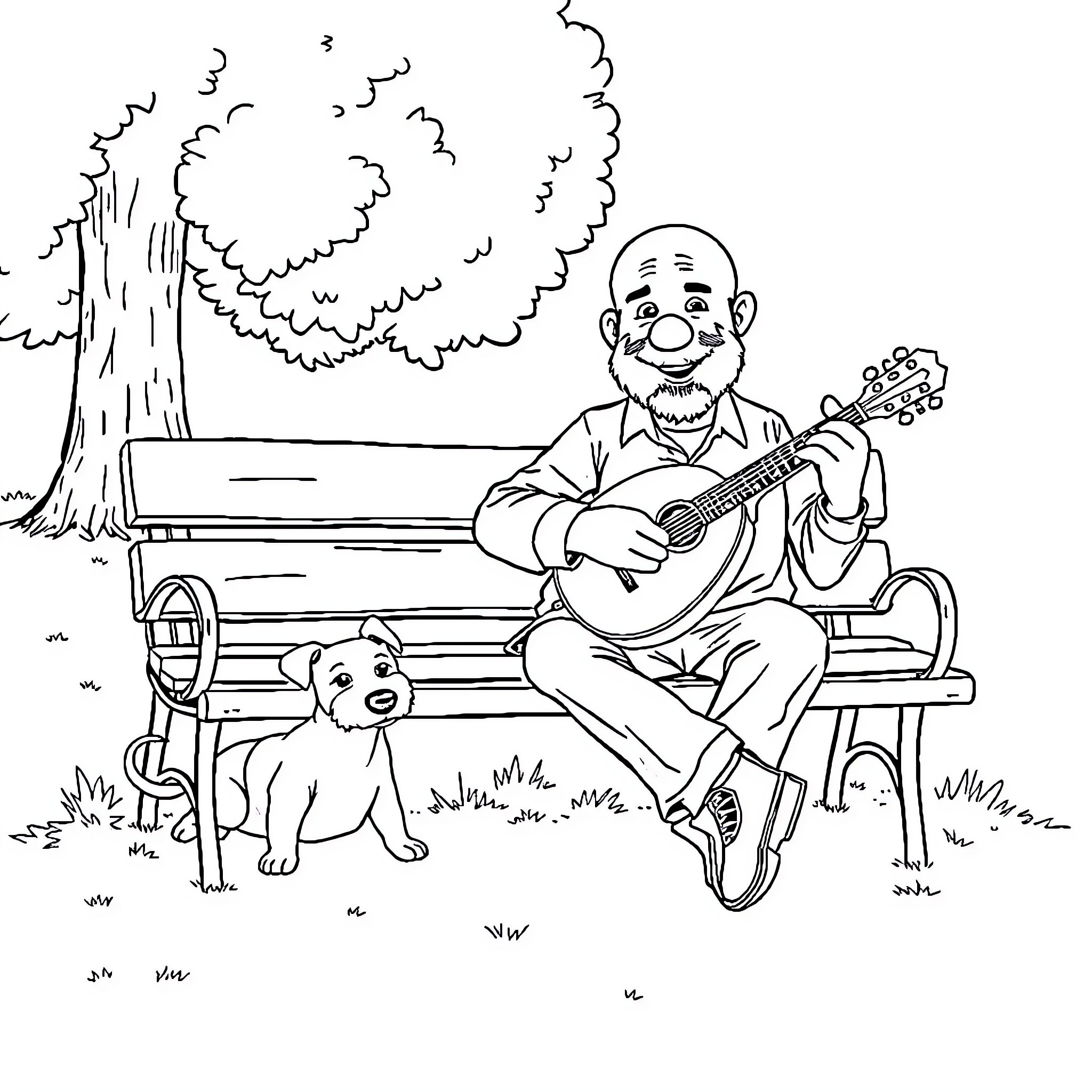 Man playing guitar on park bench with dog Coloring Page (free black-and-white line drawing printable PDF for all, from beginners to advanced learners, including children, teens, adults, and seniors)