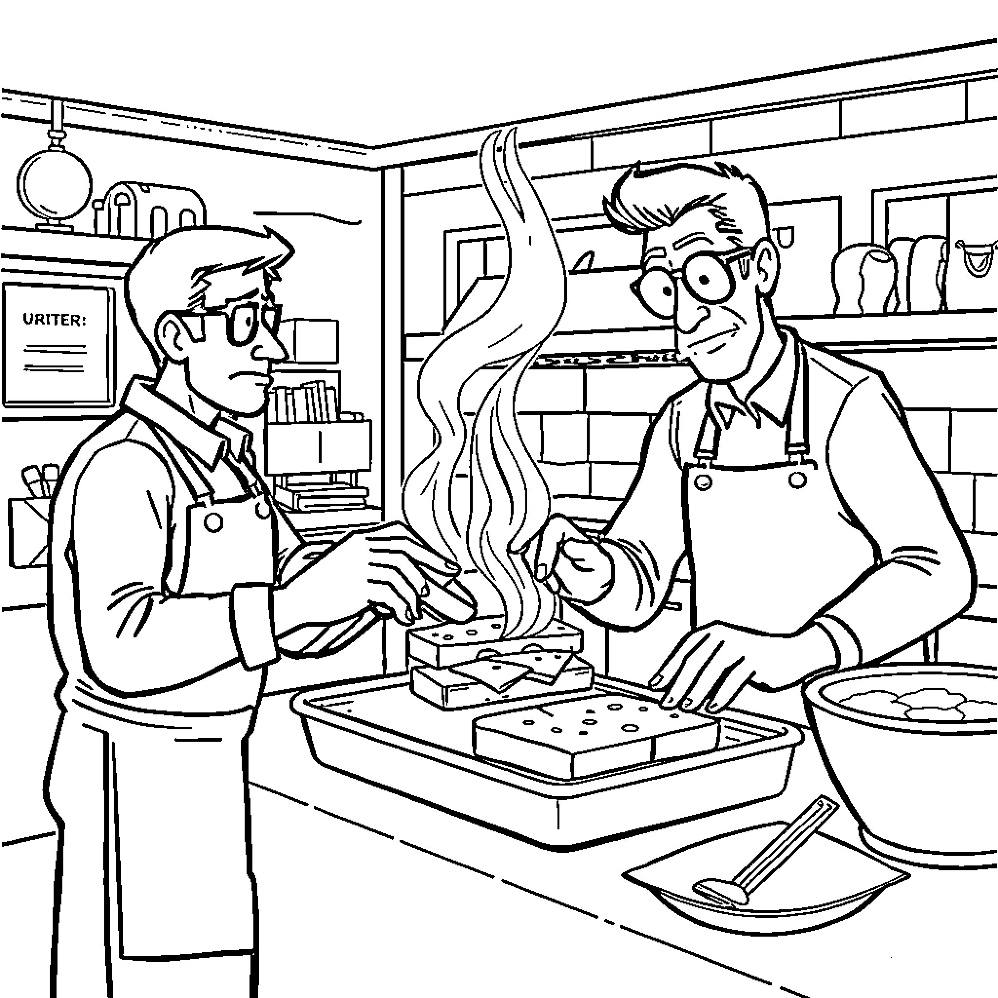 Archer serving customers in a lively diner scene Coloring Page (free black-and-white line drawing printable PDF for all, from beginners to advanced learners, including children, teens, adults, and seniors)