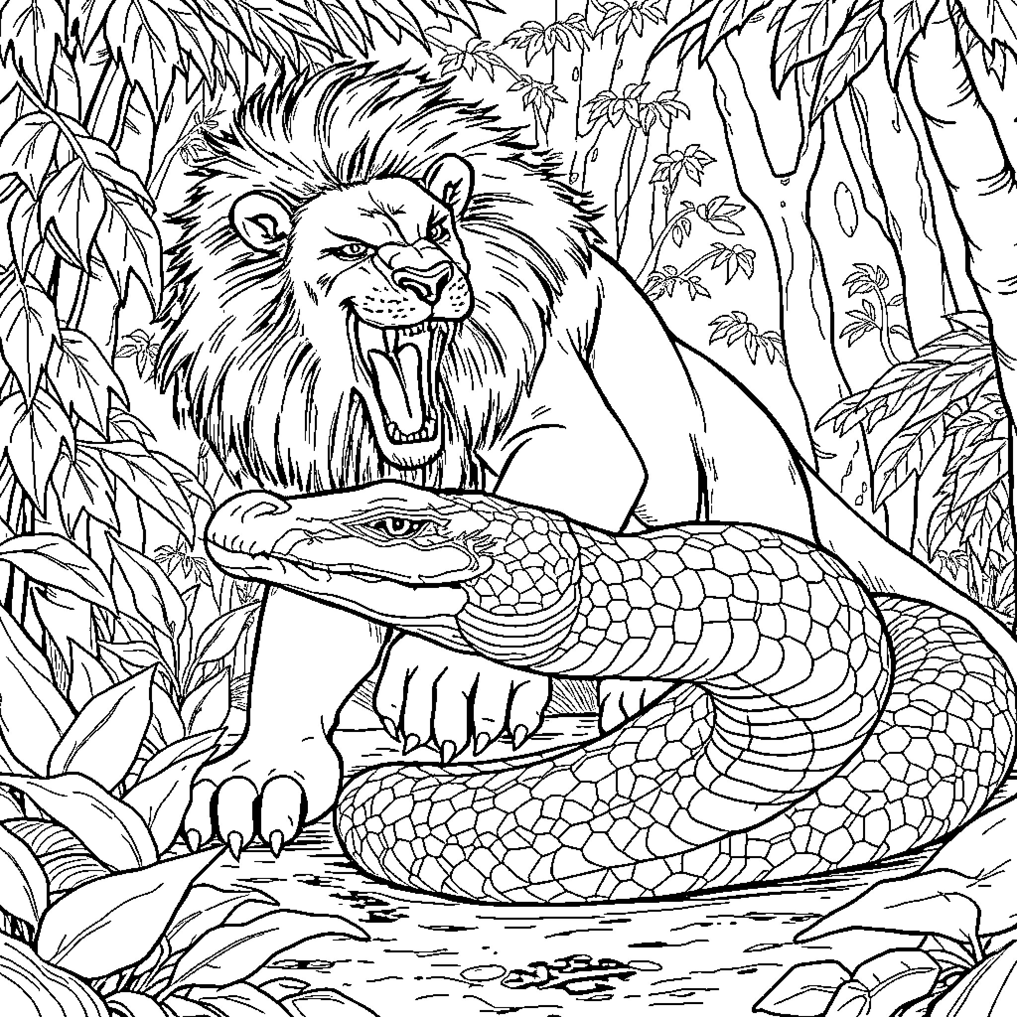 Lion roaring aggressively at snake in jungle Coloring Page (free black-and-white line drawing printable PDF for all, from beginners to advanced learners, including children, teens, adults, and seniors)