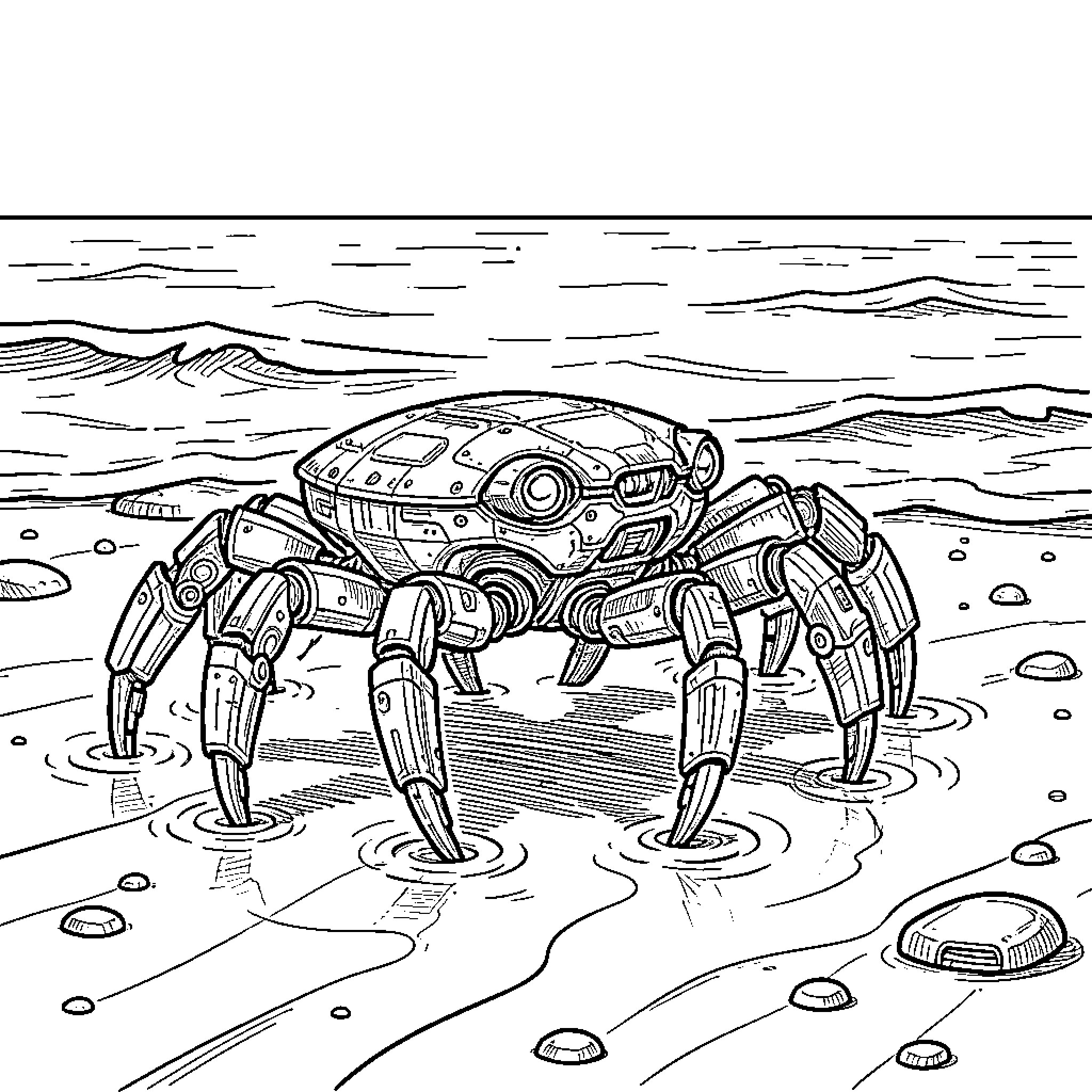 Crab-like robot exploring the beach Coloring Page (free black-and-white line drawing printable PDF for all, from beginners to advanced learners, including children, teens, adults, and seniors)