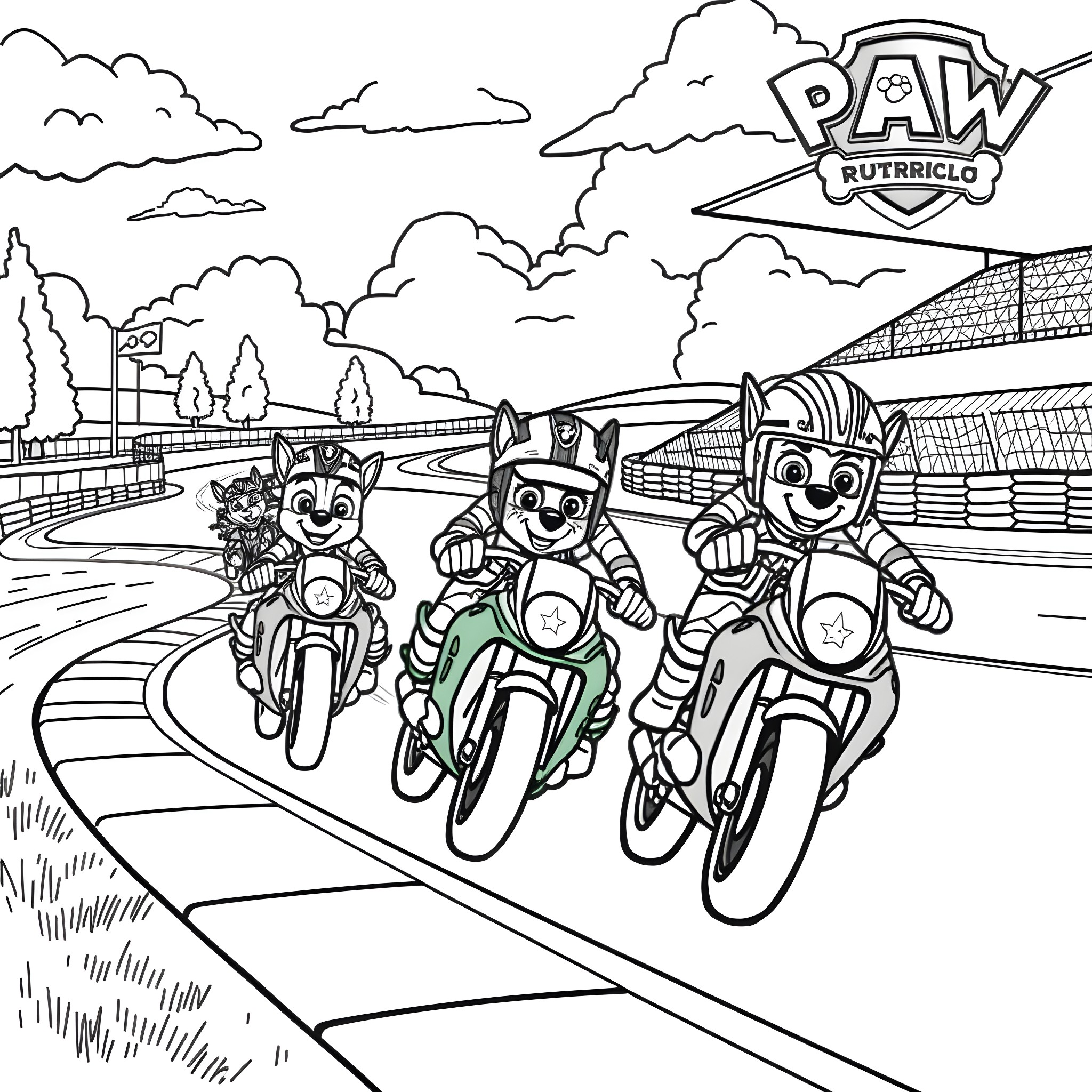 Paw Patrol Pups Riding Motorcycles on the Highway Coloring Page (free black-and-white line drawing printable PDF for all, from beginners to advanced learners, including children, teens, adults, and seniors)