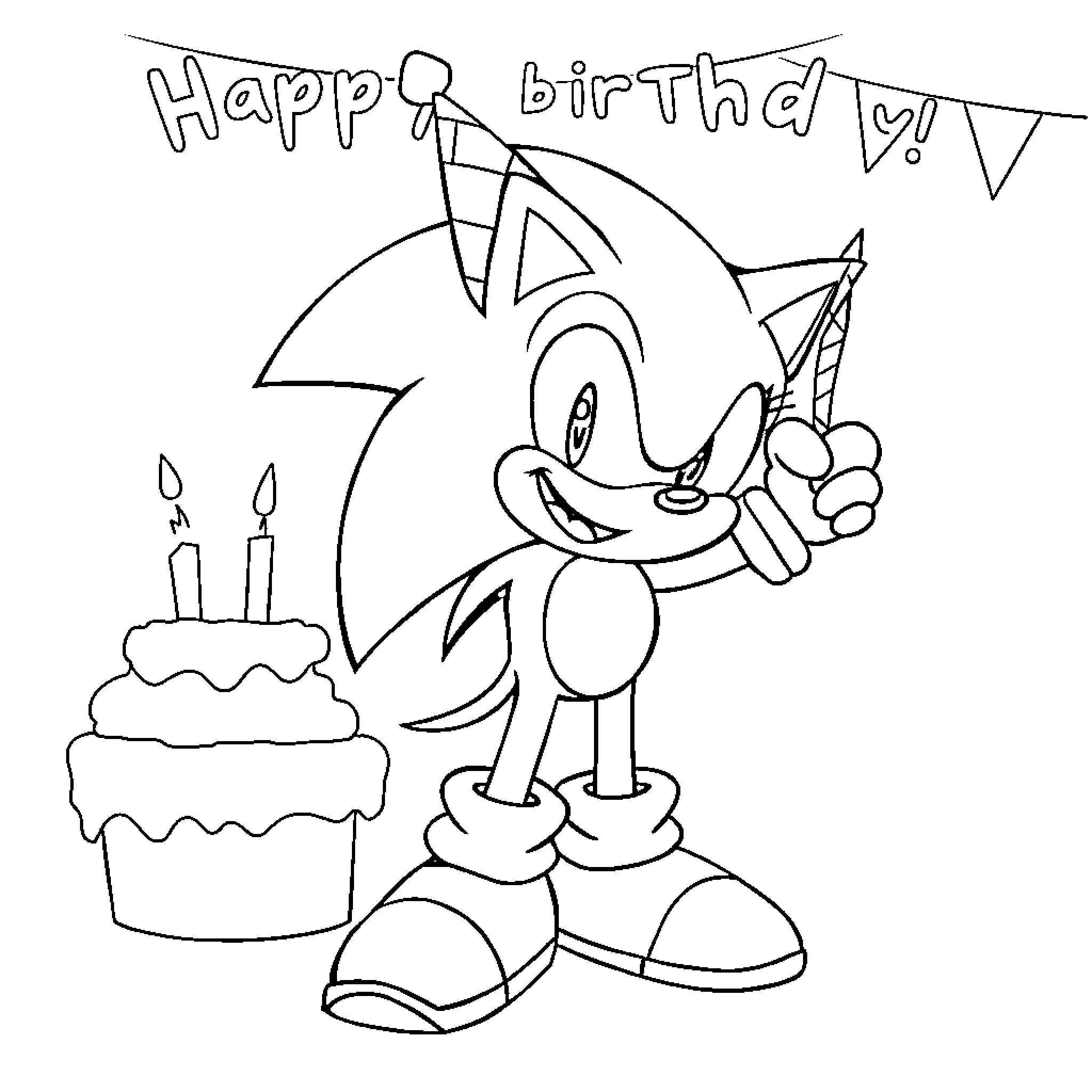 Sonic Celebrating a Joyful Birthday Coloring Page (free black-and-white line drawing printable PDF for all, from beginners to advanced learners, including children, teens, adults, and seniors)