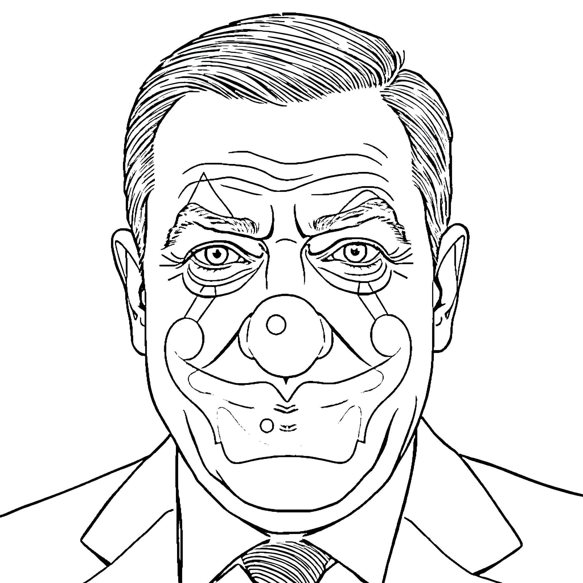 Viktor Orban in a clown-like caricature Coloring Page (free black-and-white line drawing printable PDF for all, from beginners to advanced learners, including children, teens, adults, and seniors)