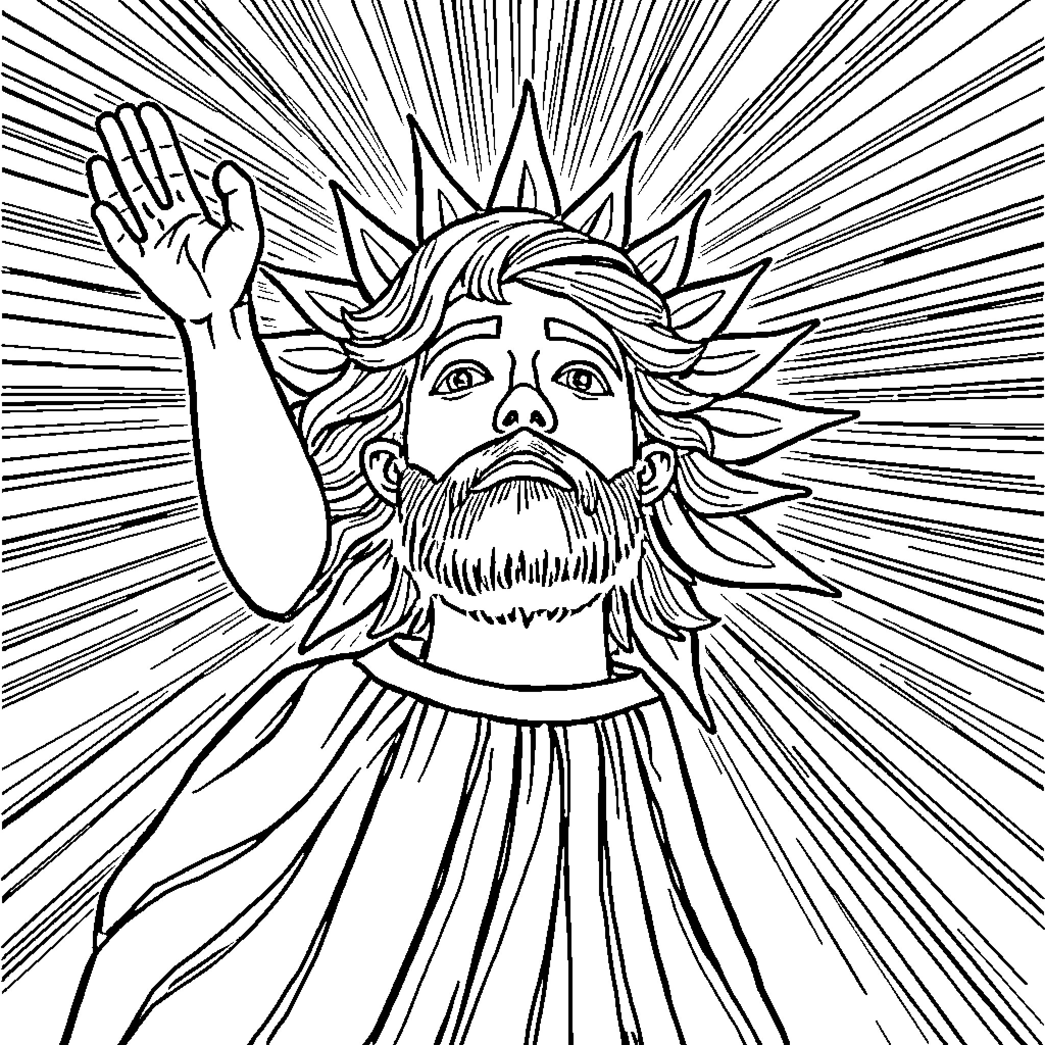 Helios - Powerful sun deity emerging from radiant rays Coloring Page (free black-and-white line drawing printable PDF for all, from beginners to advanced learners, including children, teens, adults, and seniors)