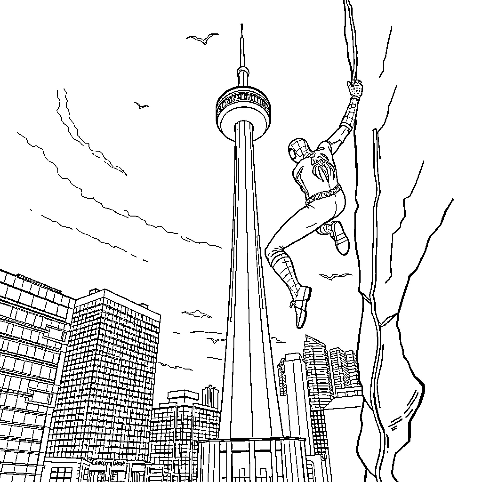 Spiderman swinging through the city skyline Coloring Page (free black-and-white line drawing printable PDF for all, from beginners to advanced learners, including children, teens, adults, and seniors)