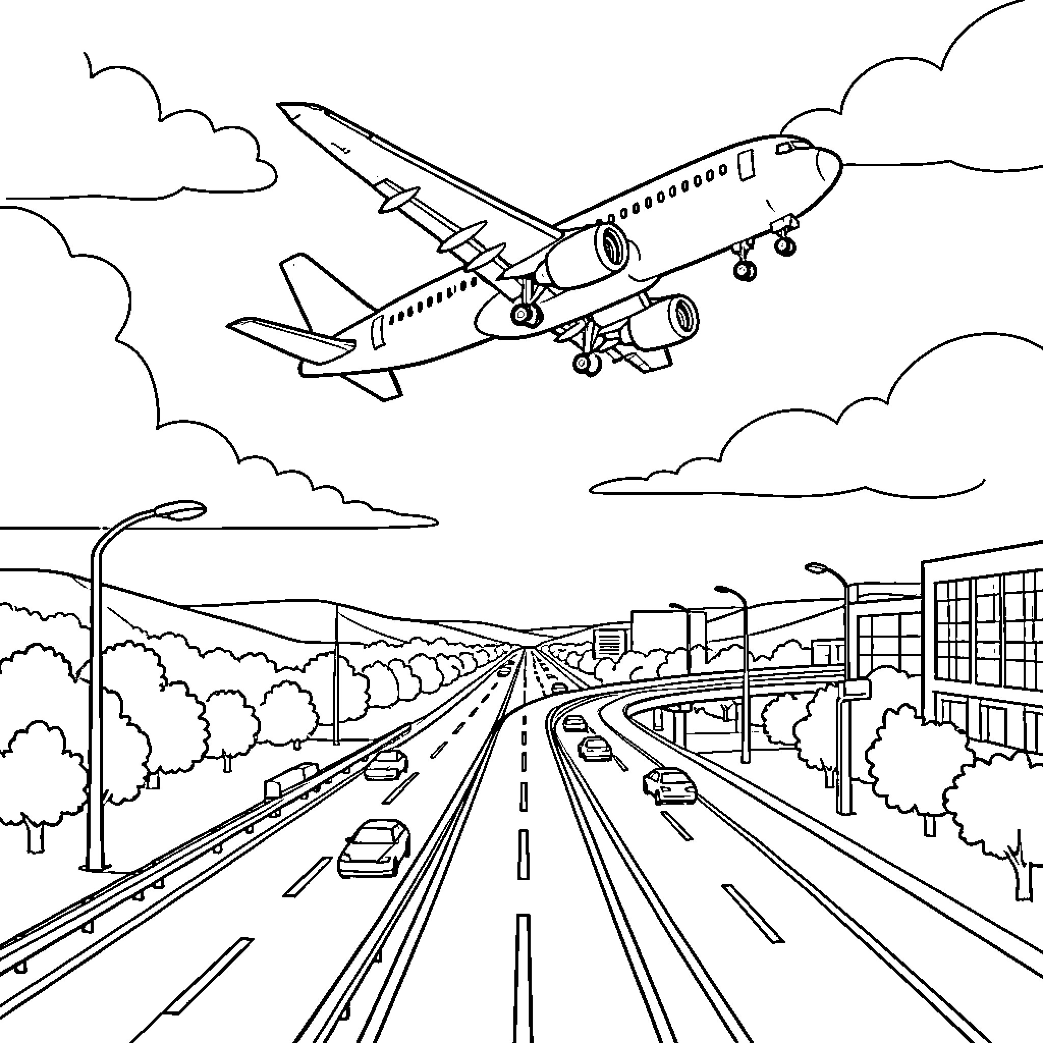 Airplane flying over a busy highway and city buildings Coloring Page (free black-and-white line drawing printable PDF for all, from beginners to advanced learners, including children, teens, adults, and seniors)