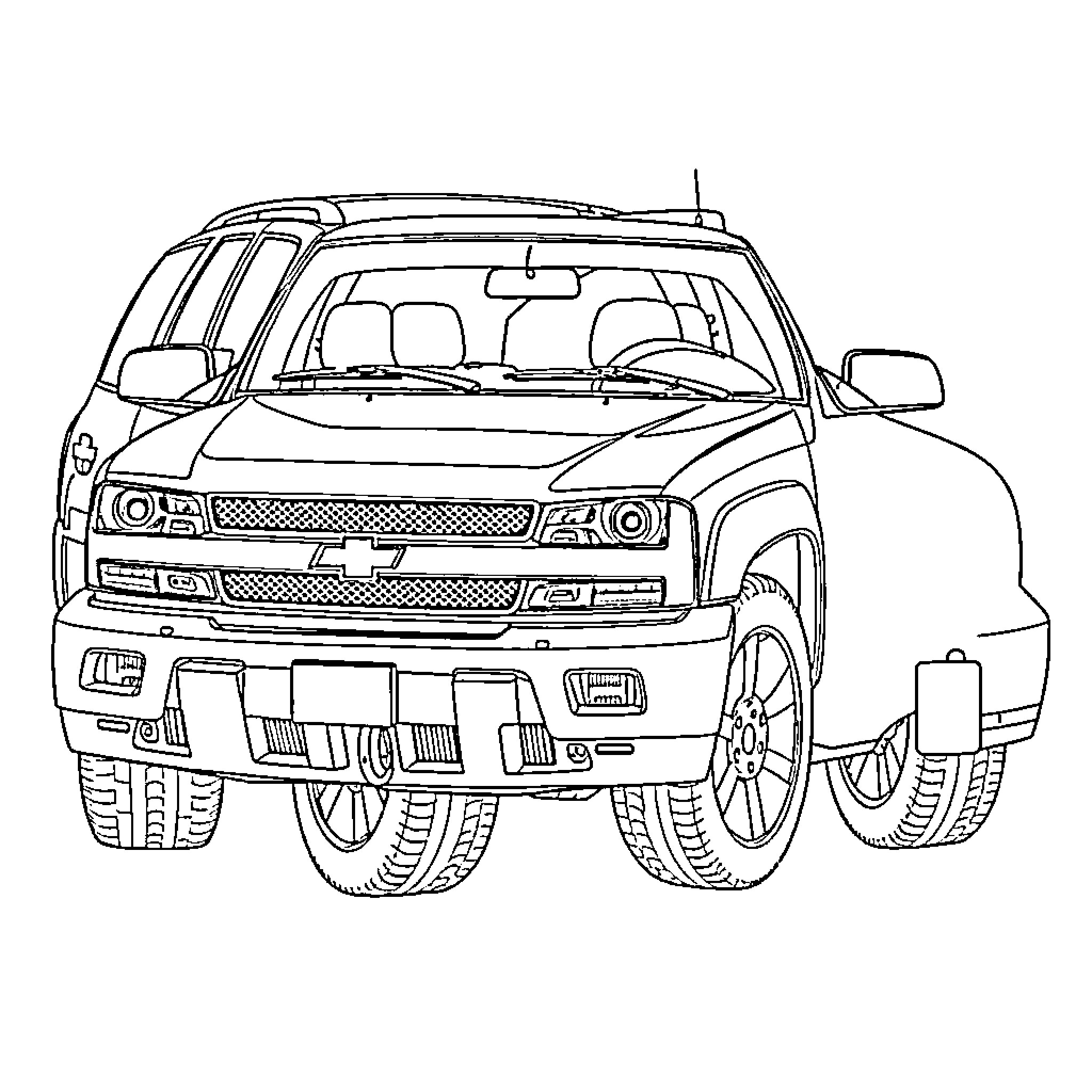 Chevy SUV in outlined artistic style Coloring Page (free black-and-white line drawing printable PDF for all, from beginners to advanced learners, including children, teens, adults, and seniors)