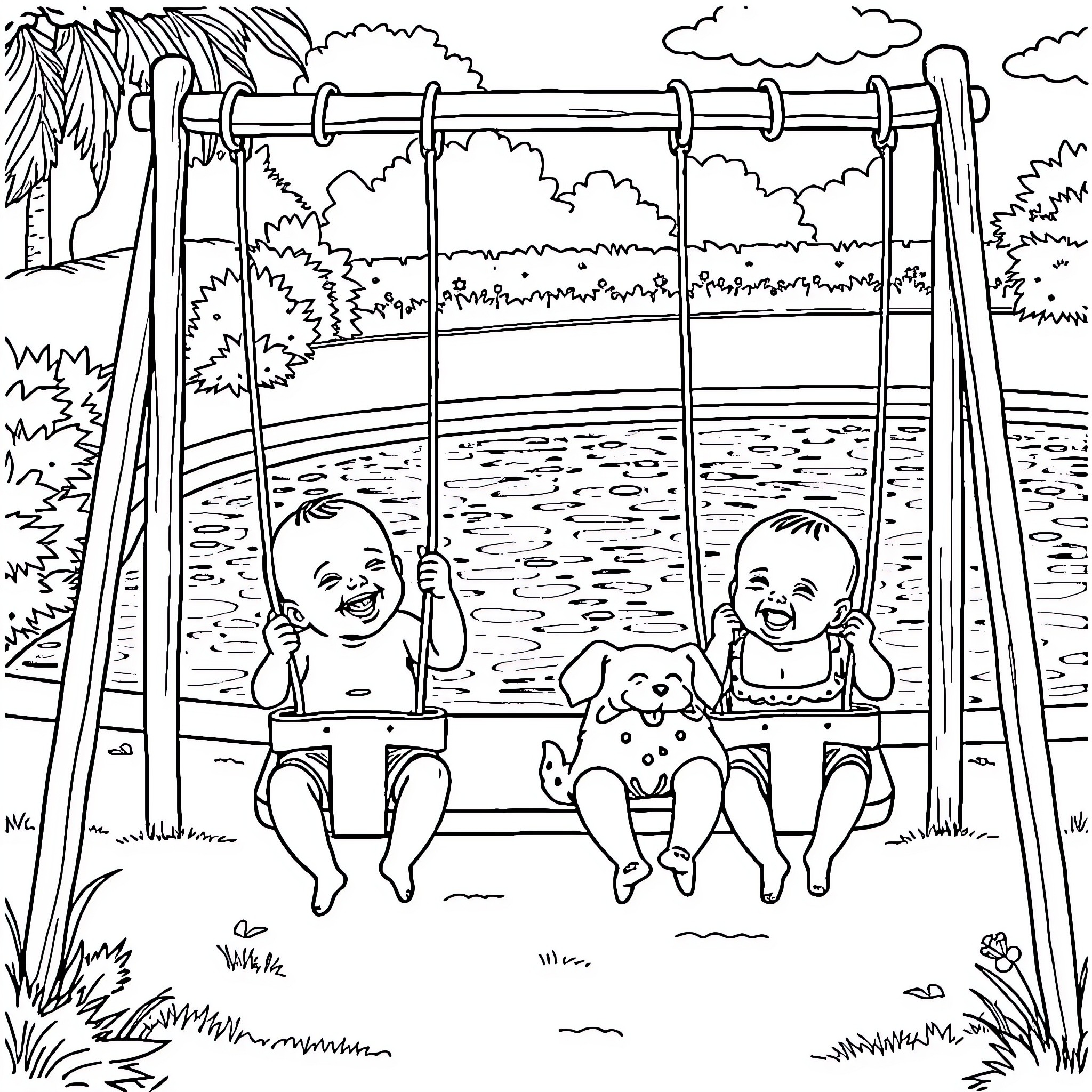 Baby siblings playing on a swing set in the park Coloring Page (free black-and-white line drawing printable PDF for all, from beginners to advanced learners, including children, teens, adults, and seniors)
