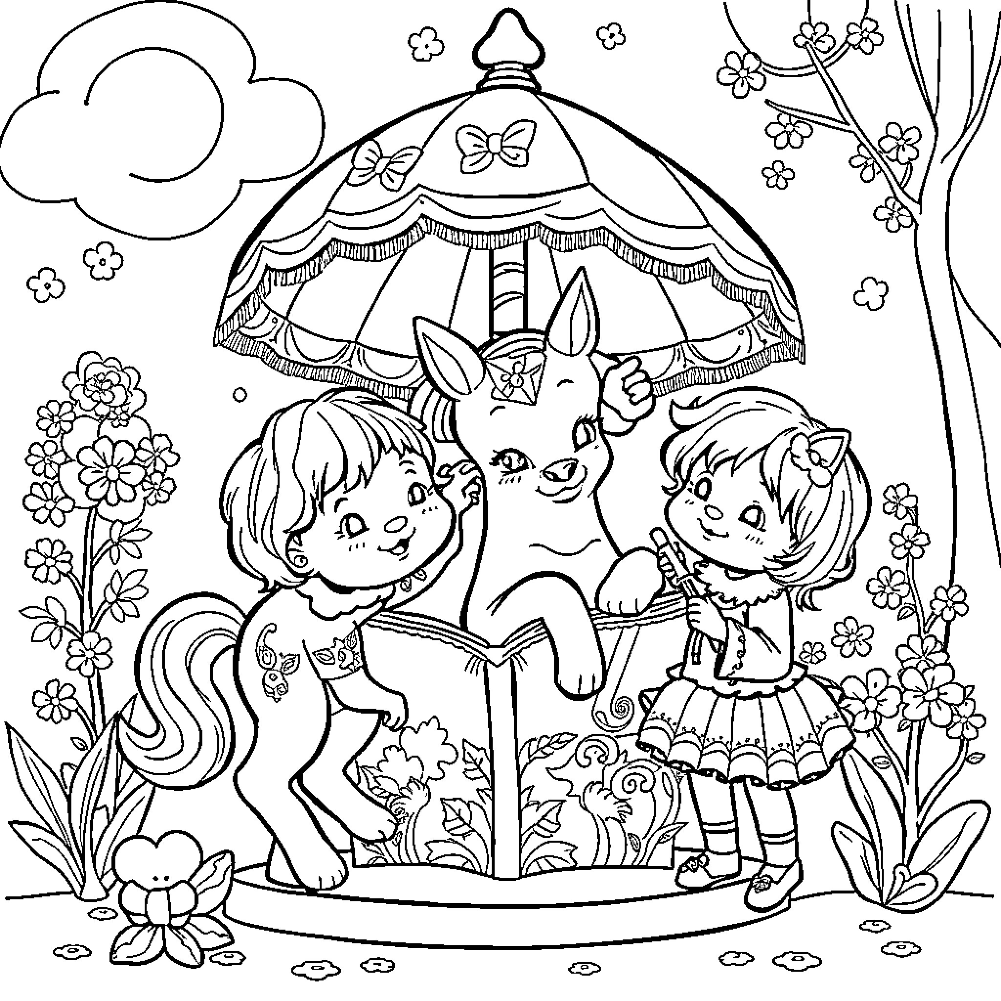 Child enjoying playful time with pony under floral umbrella Coloring Page (free black-and-white line drawing printable PDF for all, from beginners to advanced learners, including children, teens, adults, and seniors)