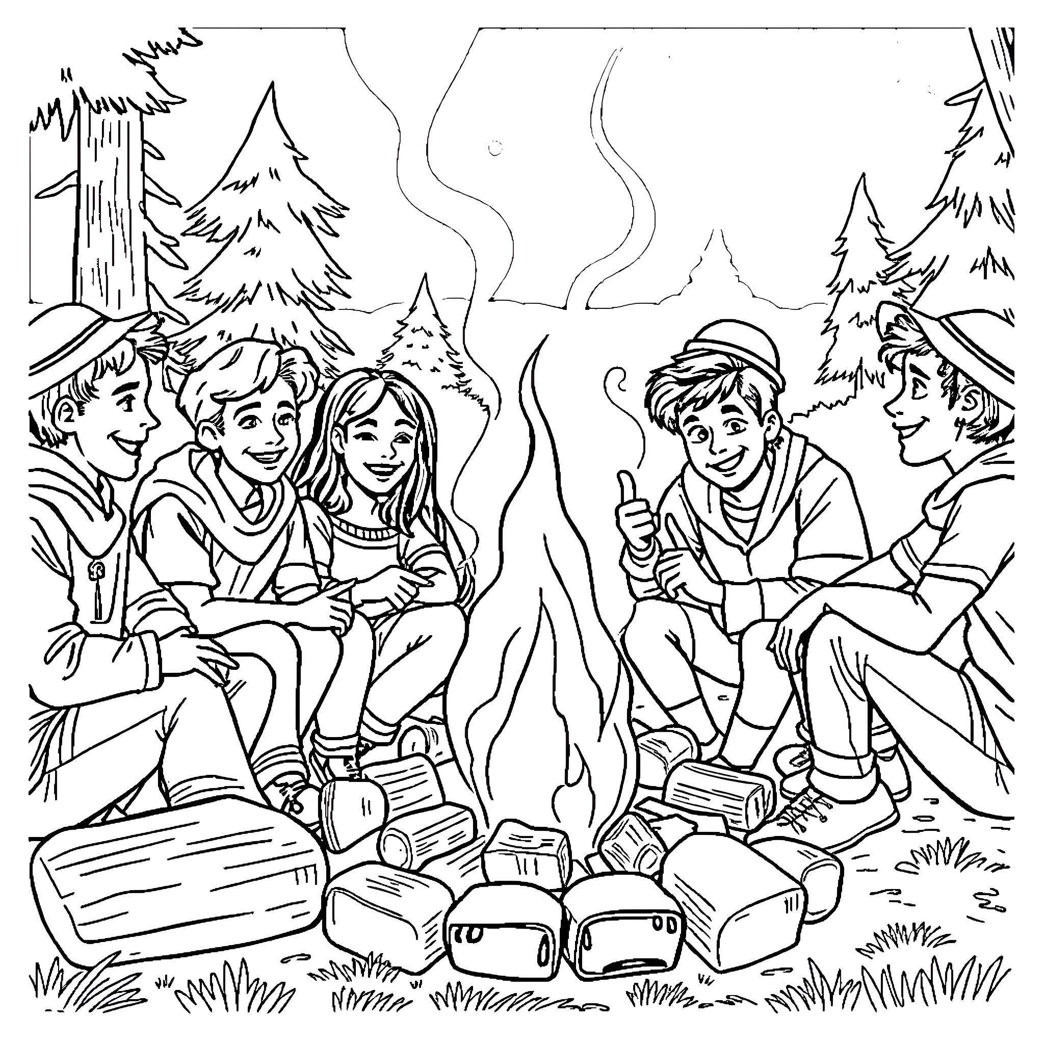Teens enjoying campfire adventure in the woods Coloring Page (free black-and-white line drawing printable PDF for all, from beginners to advanced learners, including children, teens, adults, and seniors)