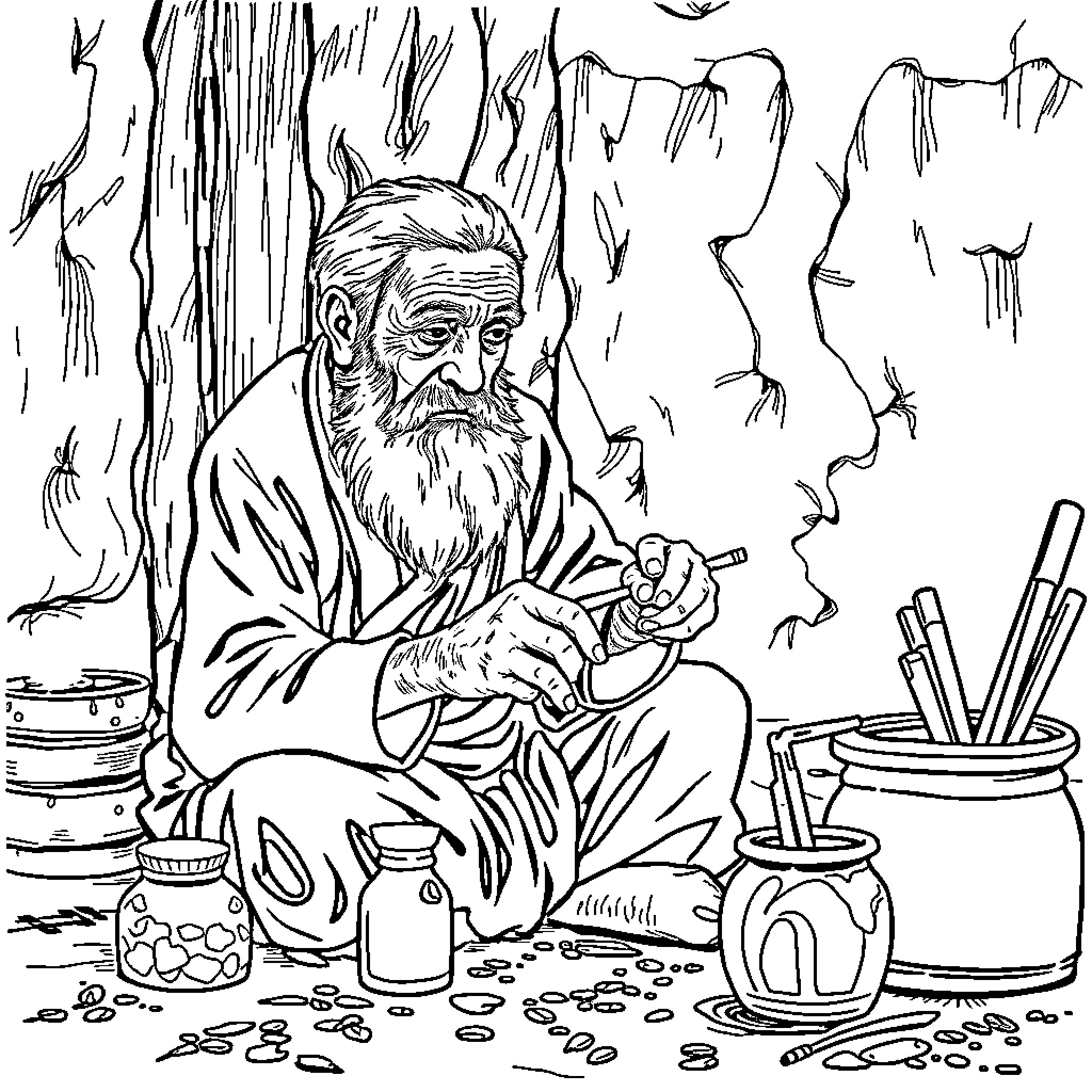 Elder Hermit in Contemplative Solitude Coloring Page (free black-and-white line drawing printable PDF for all, from beginners to advanced learners, including children, teens, adults, and seniors)