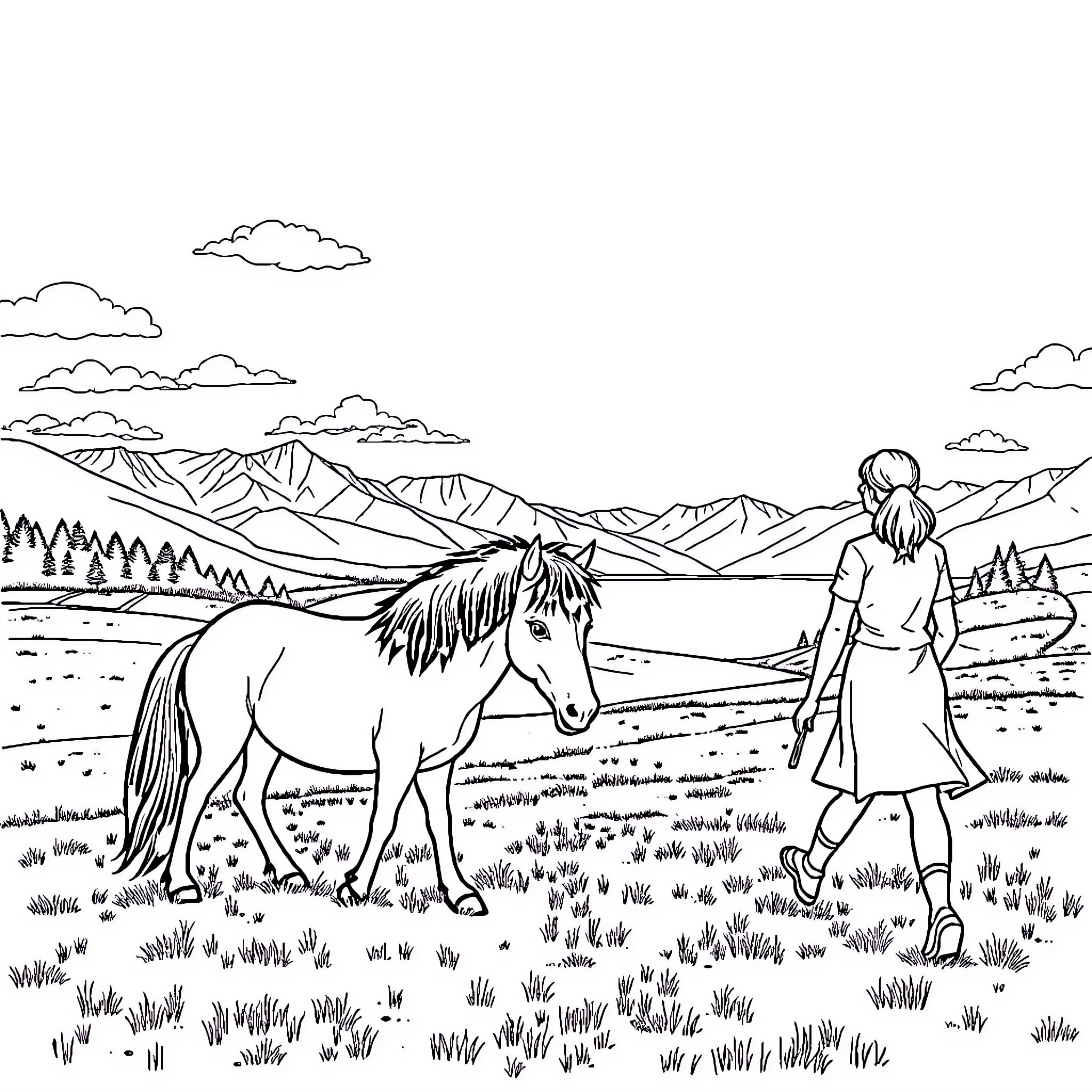 Pony and person exploring scenic mountain landscape Coloring Page (free black-and-white line drawing printable PDF for all, from beginners to advanced learners, including children, teens, adults, and seniors)